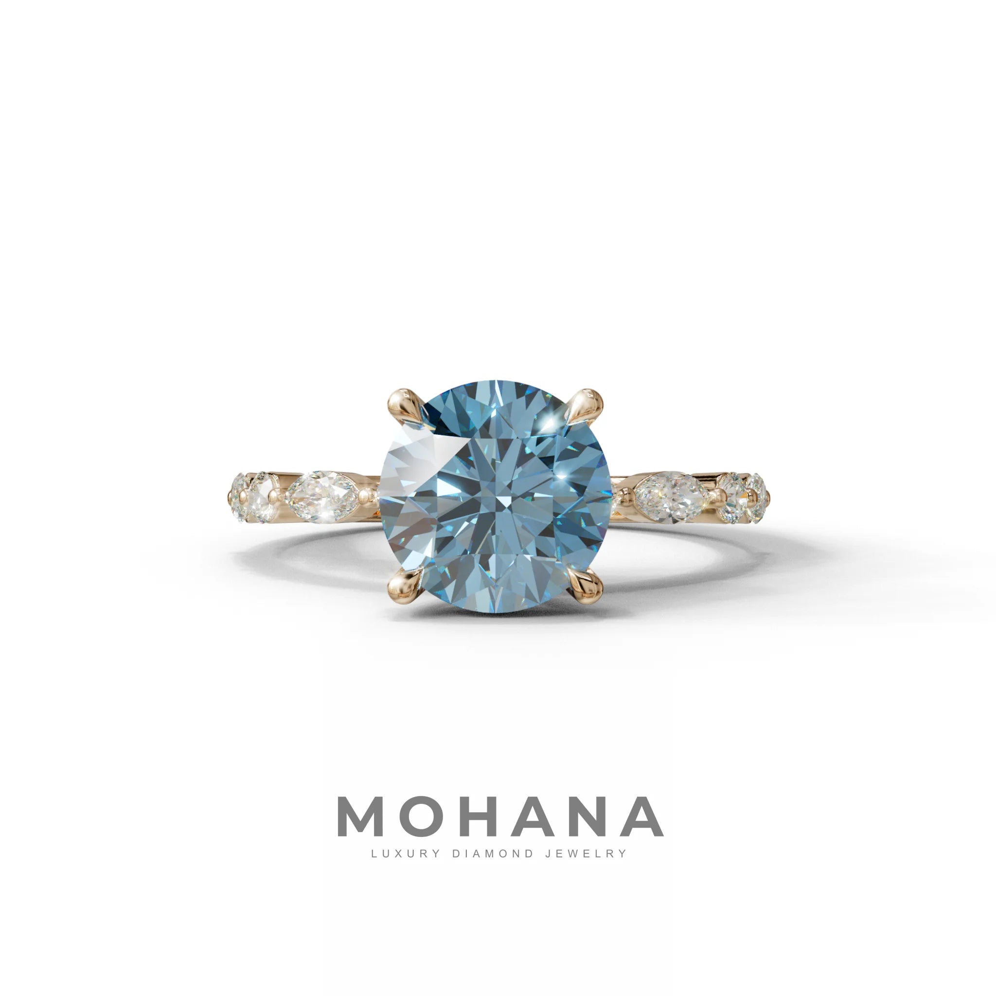 2 Carat Blue Round Cut Hidden Halo & Pave Set Lab Diamond Ring - Pure Origin - 10K Solid Gold / Rose Gold