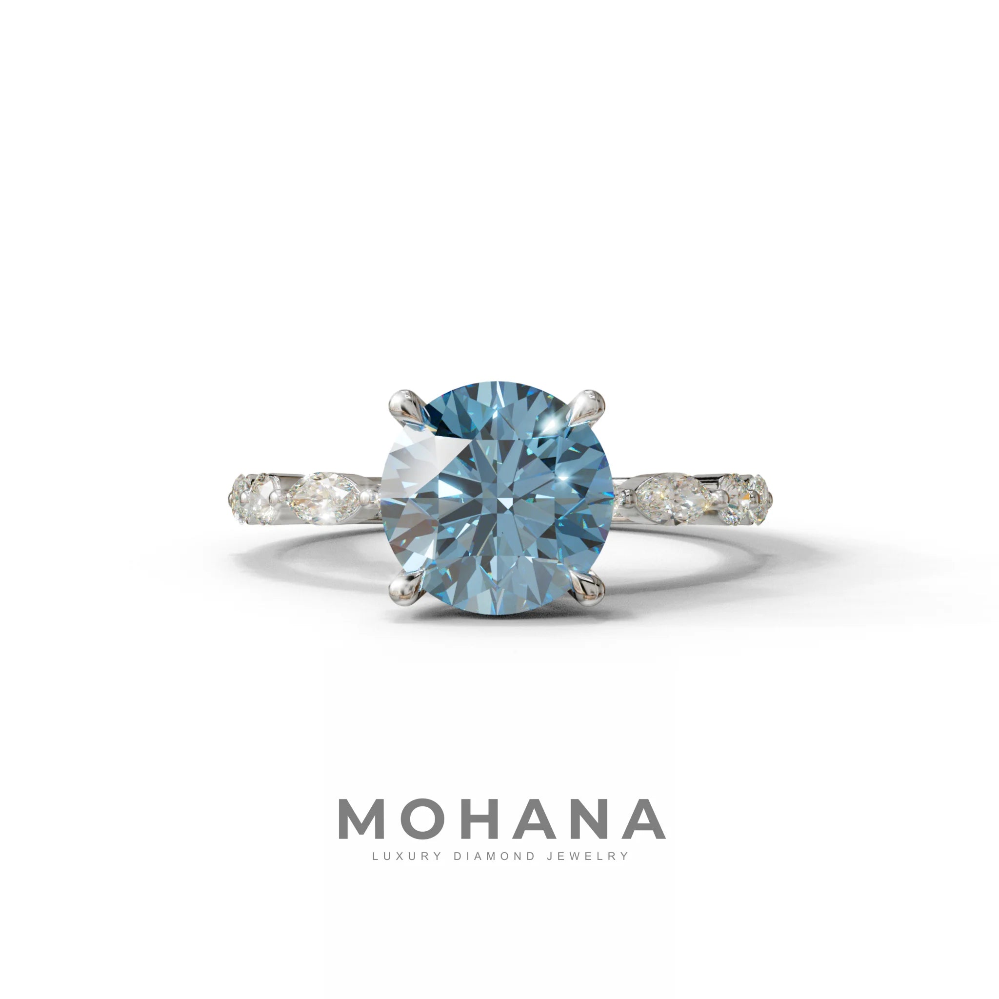 2 Carat Blue Round Cut Hidden Halo & Pave Set Lab Diamond Ring - Pure Origin - 10K Solid Gold / White Gold