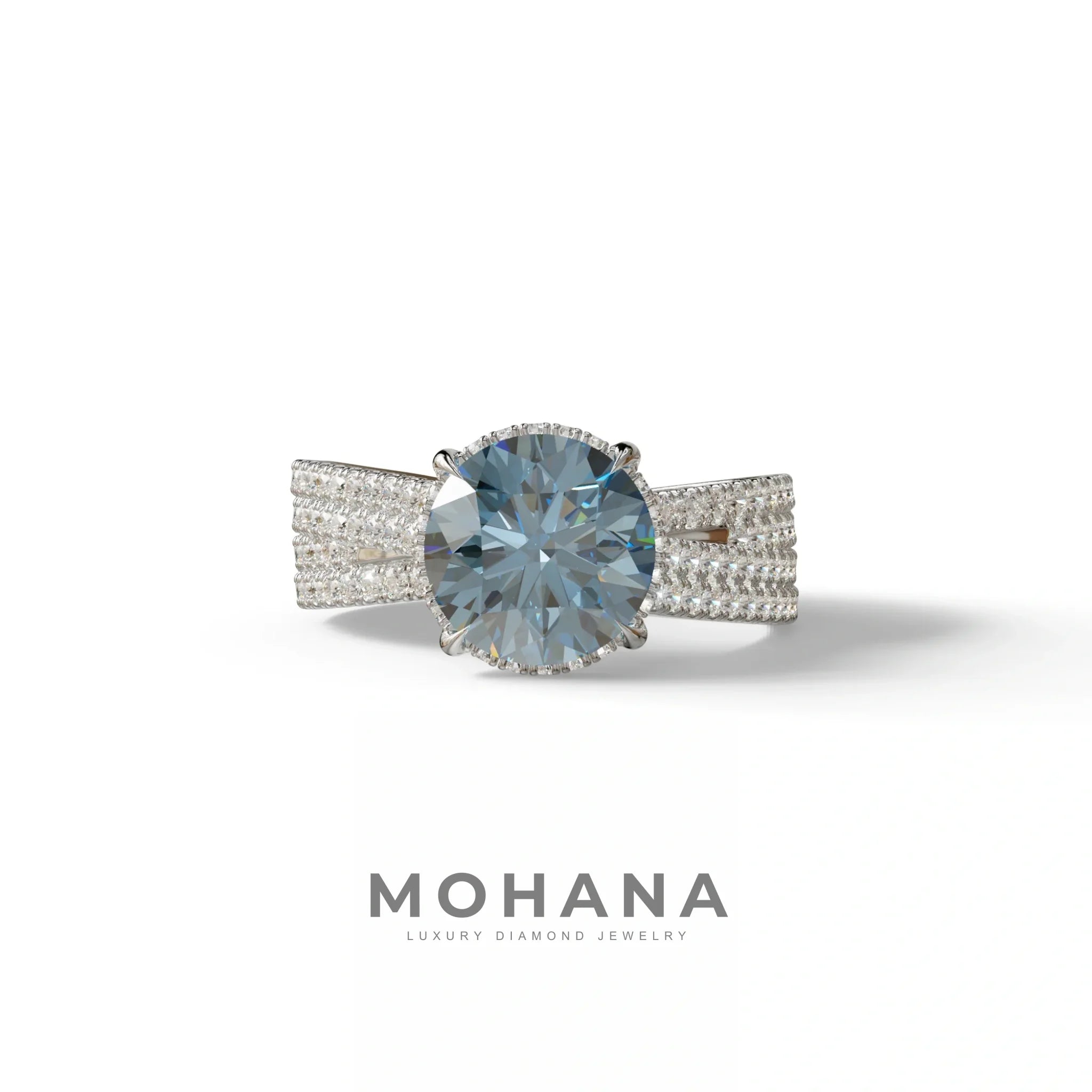 2 Carat Blue Round Cut Hidden Halo Lab & Pave Lab Diamond Ring - Je t’aime - 10K Solid Gold / White Gold