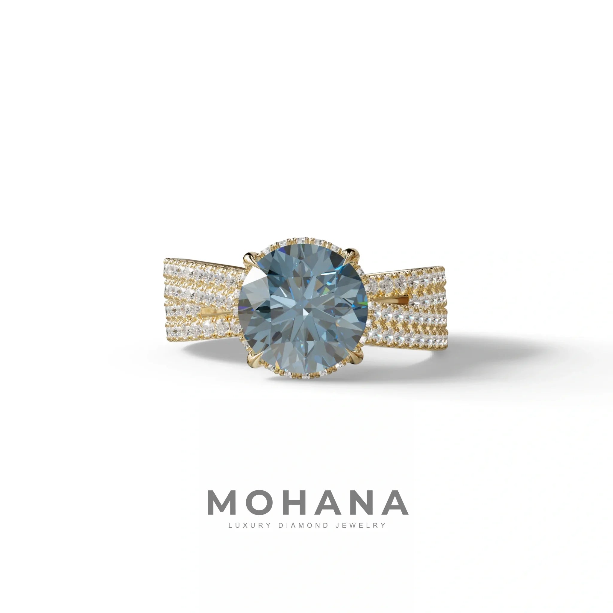 2 Carat Blue Round Cut Hidden Halo Lab & Pave Lab Diamond Ring - Je t’aime - 10K Solid Gold / Yellow Gold