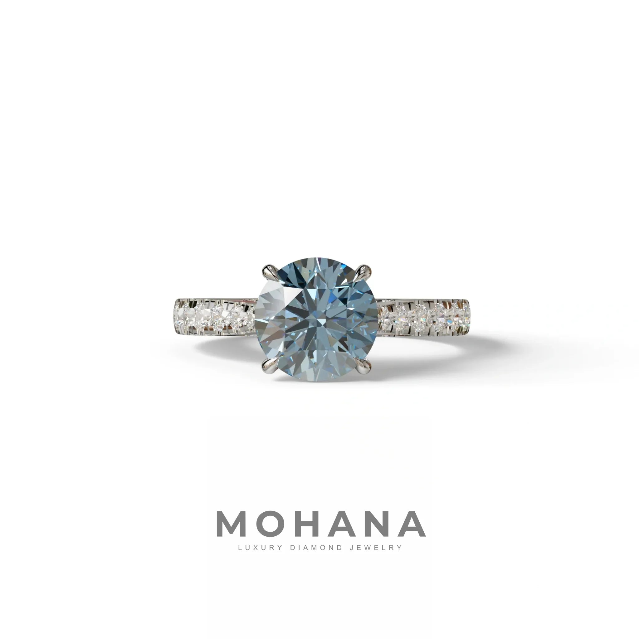 2 Carat Round Cut Blue Lab Grown Diamond Engagement Ring | Hidden Halo & Pave - Brilliant - 10K Solid Gold / White Gold
