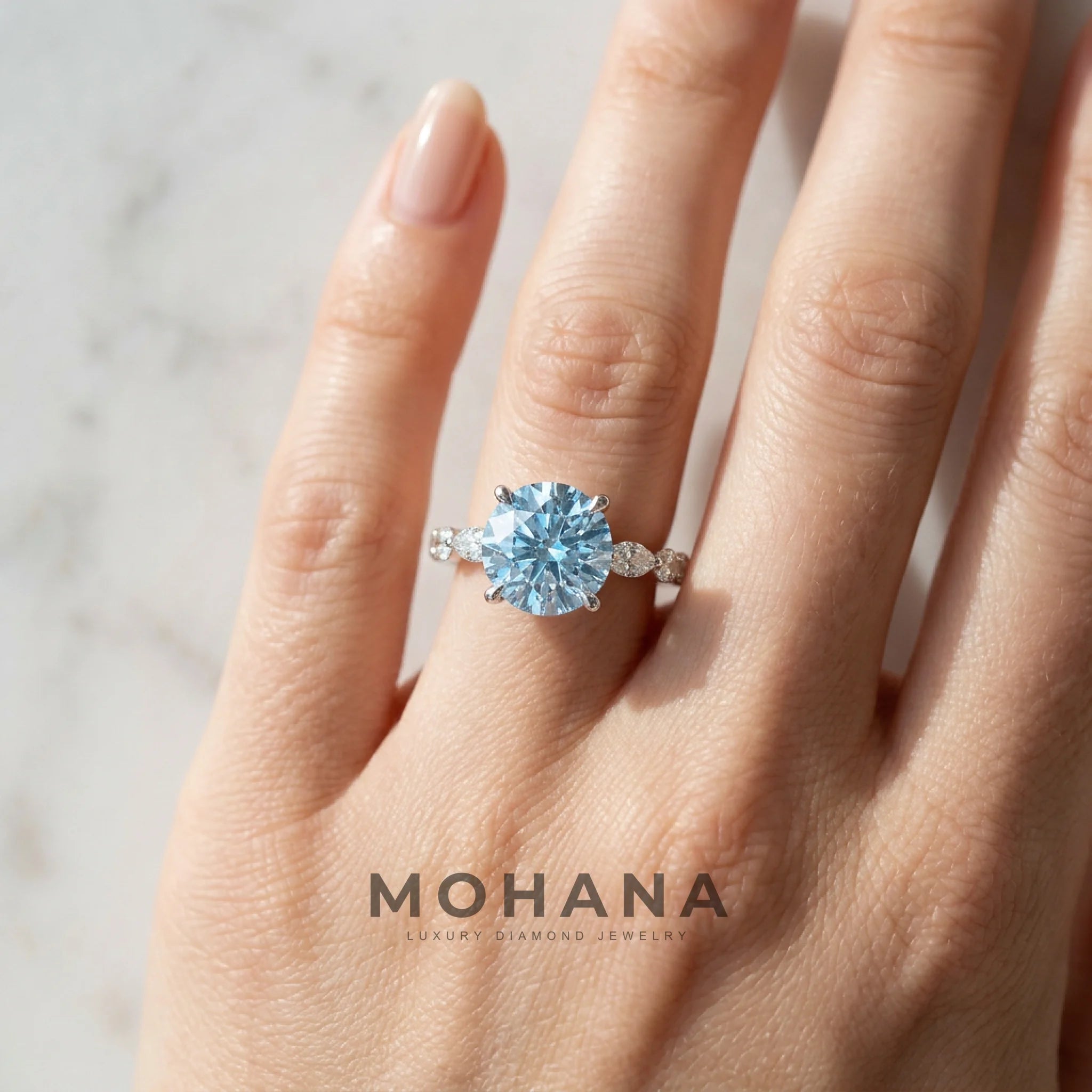 2 Carat Fancy Blue Round Cut Hidden Halo Lab Grown Diamond Engagement Ring