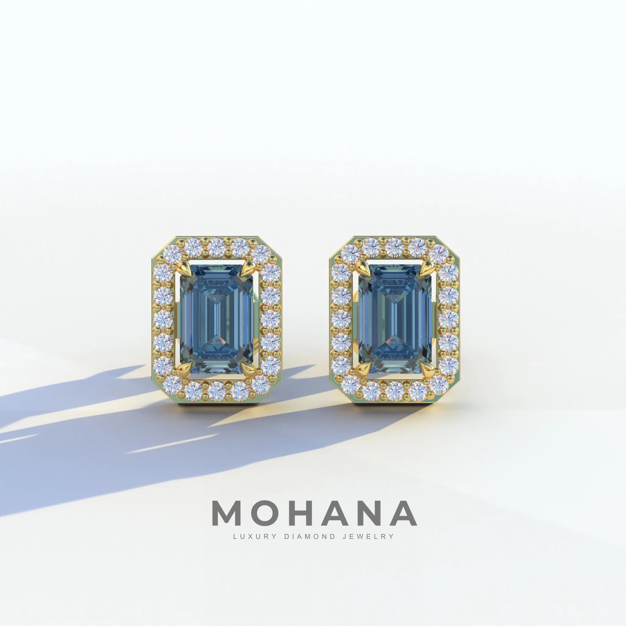 2 Carat Blue Emerald Cut Halo Setting Lab Diamond Stud Earrings - Hailey - 10K Solid Gold / Yellow Gold