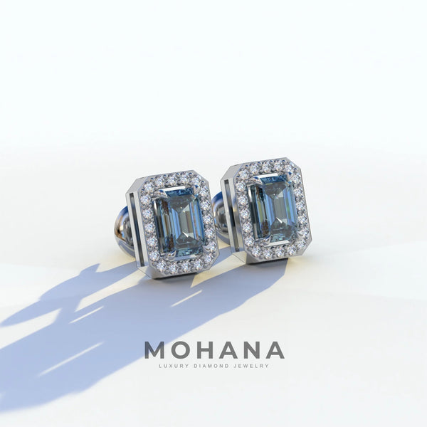 2 Carat Blue Lab Grown Diamond Stud Earrings – Emerald Cut Halo | Hailey alternate view
