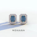 2 Carat Blue Emerald Cut Halo Setting Lab Diamond Stud Earrings - Hailey - 10K Solid Gold / Rose Gold