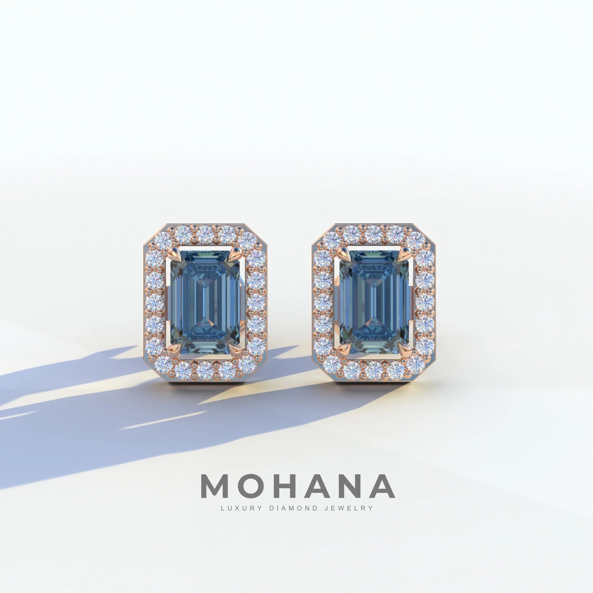 2 Carat Blue Emerald Cut Halo Setting Lab Diamond Stud Earrings - Hailey - 10K Solid Gold / Rose Gold