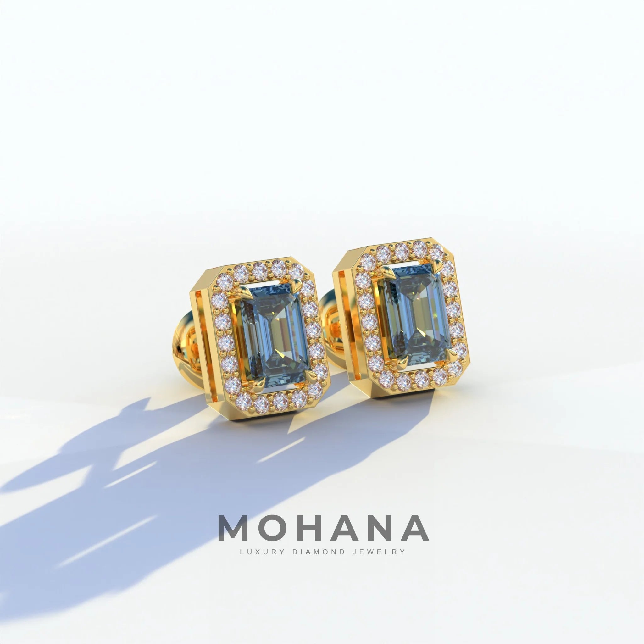 2 Carat Blue Emerald Cut Halo Setting Lab Diamond Stud Earrings - Hailey