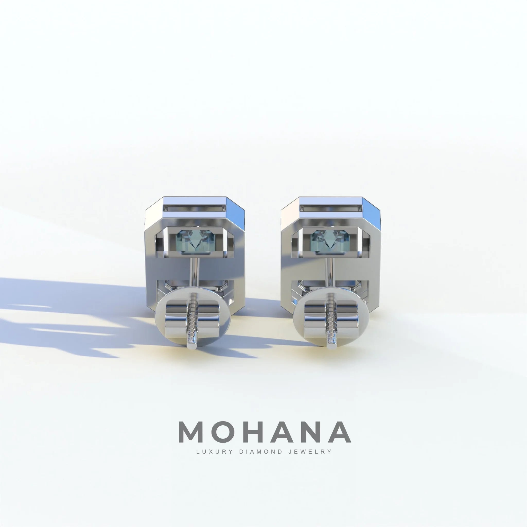 2 Carat Blue Emerald Cut Halo Setting Lab Diamond Stud Earrings - Hailey