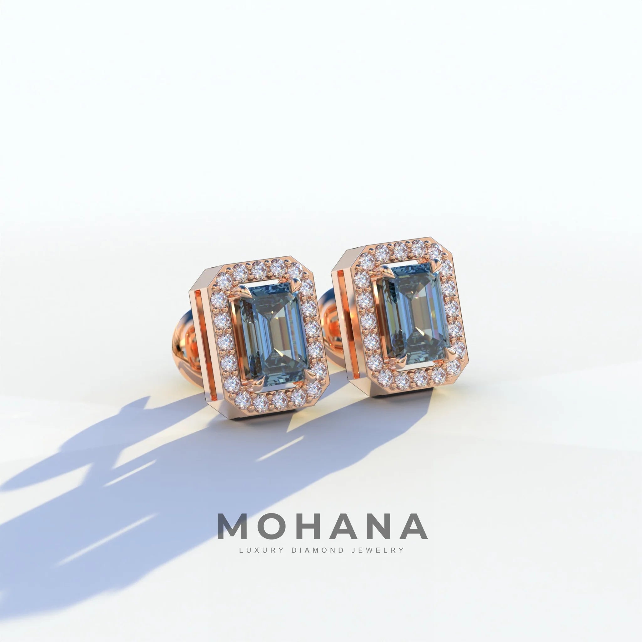 2 Carat Blue Emerald Cut Halo Setting Lab Diamond Stud Earrings - Hailey
