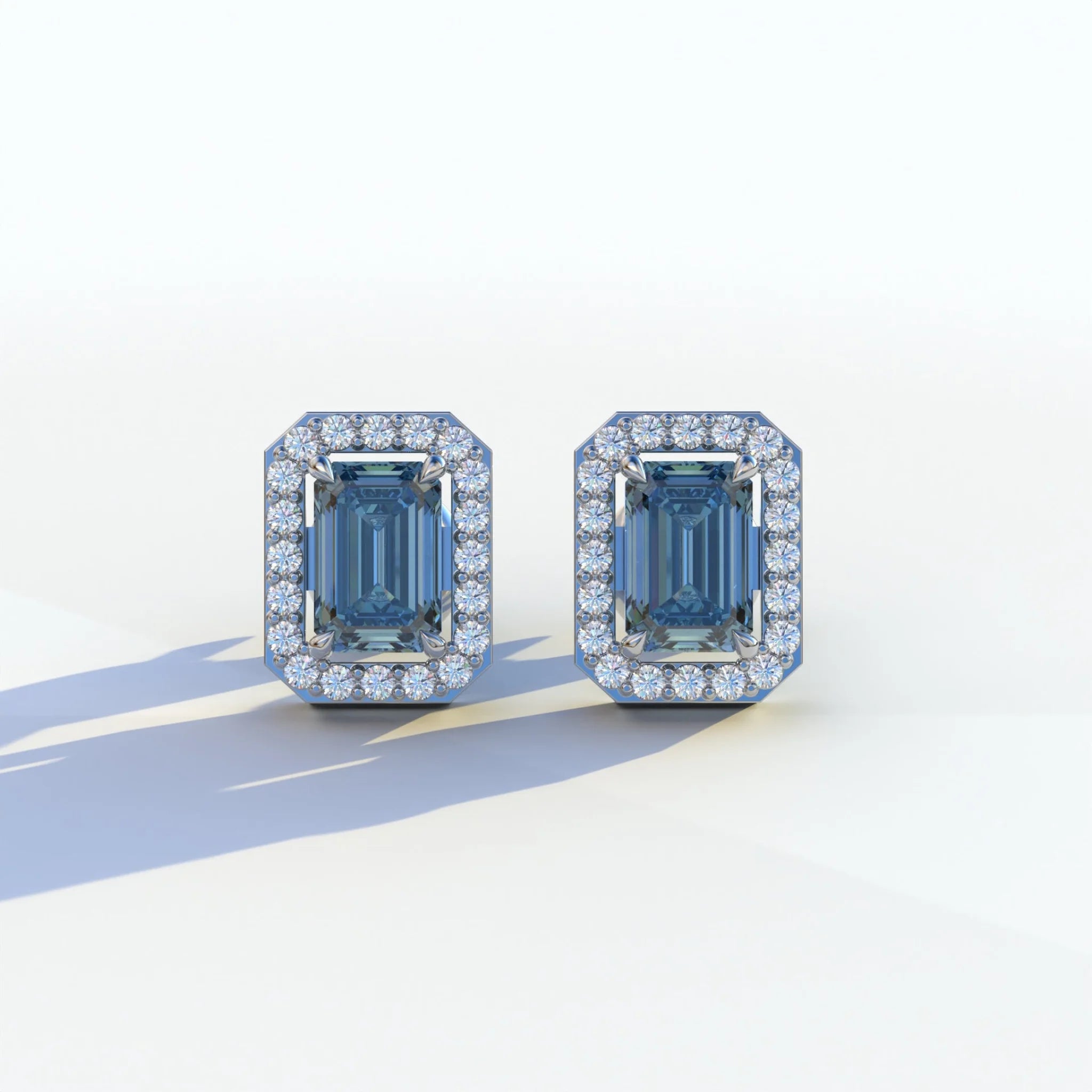2 Carat Blue Emerald Cut Halo Setting Lab Diamond Stud Earrings - Hailey - 10K Solid Gold / White Gold