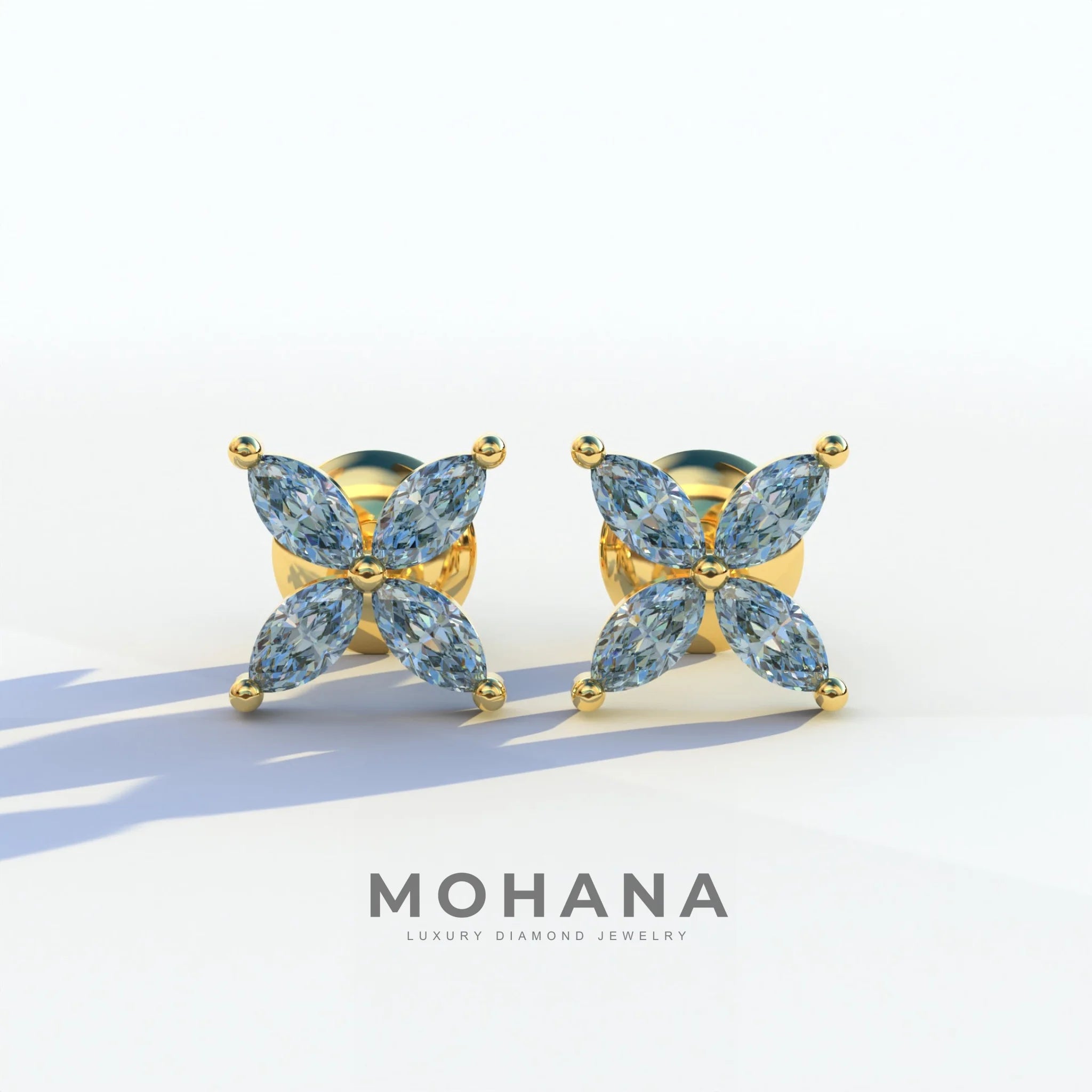 2 Carat Blue Marquise Cut Lab Grown Diamond Stud Earrings - Maria Tash - 10K Solid Gold / Yellow Gold