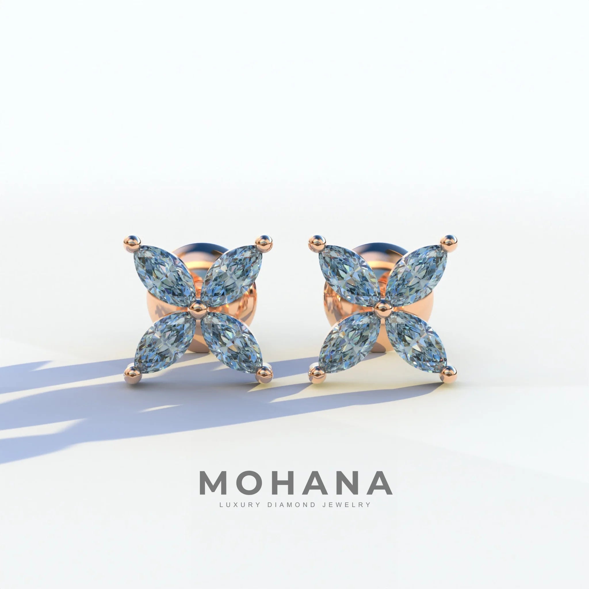 2 Carat Blue Marquise Cut Lab Grown Diamond Stud Earrings - Maria Tash - 10K Solid Gold / Rose Gold