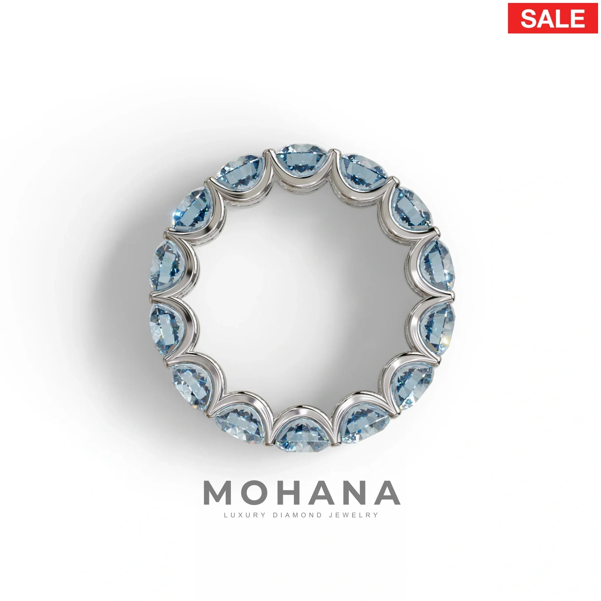 Blue Round Brilliant Diamond Full Eternity Band in 18k Yellow Gold – Scalloped U-Prong Setting