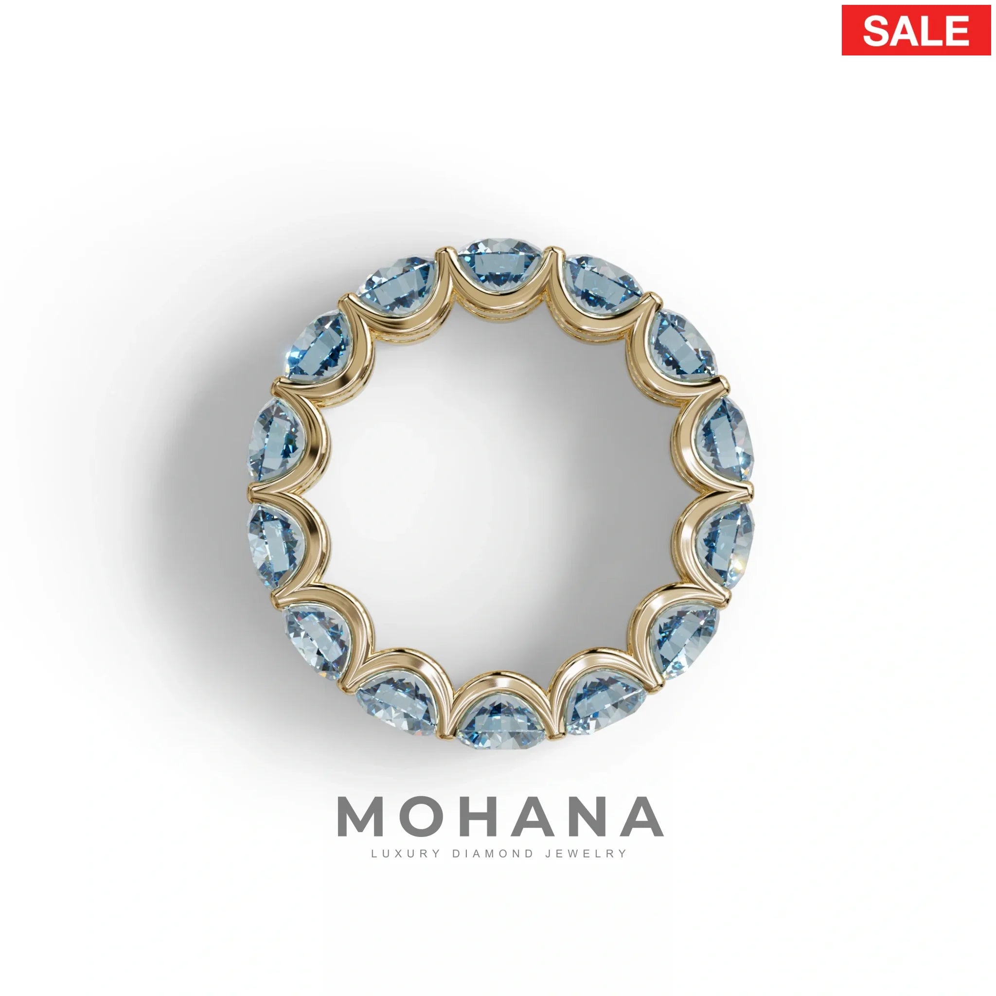 Blue Round Brilliant Diamond Full Eternity Band in 18k Yellow Gold – Scalloped U-Prong Setting