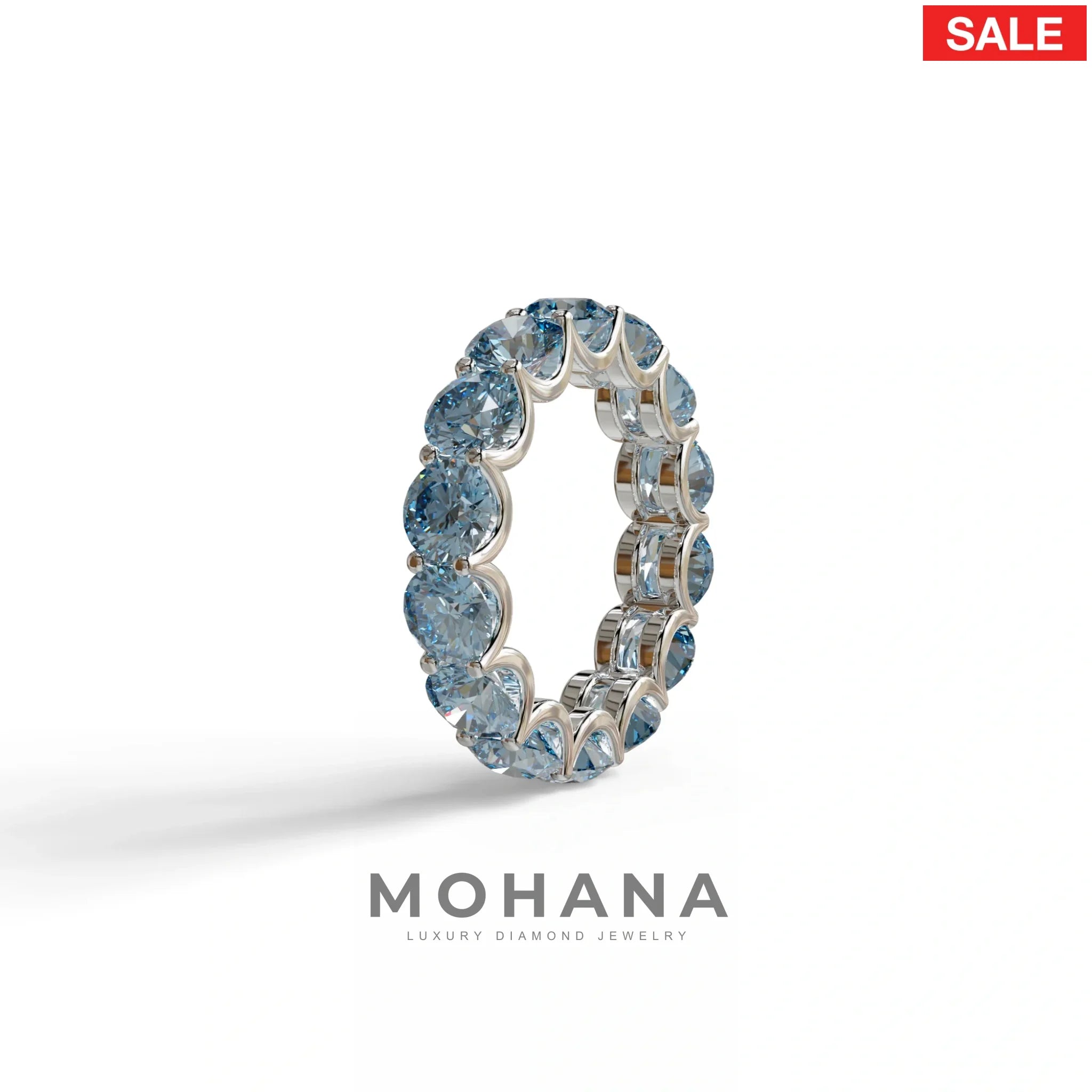 Blue Round Brilliant Diamond Full Eternity Band in 18k Yellow Gold – Scalloped U-Prong Setting