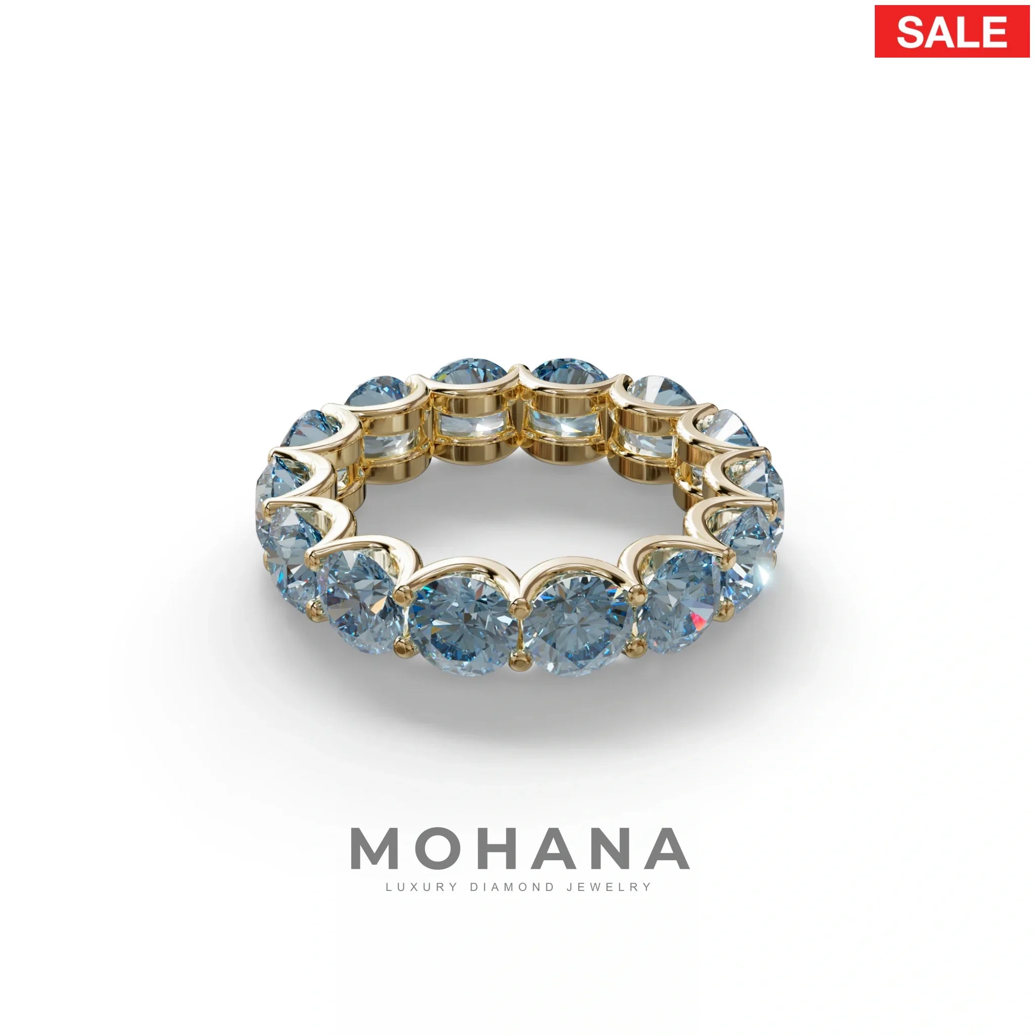 Blue Round Brilliant Diamond Full Eternity Band in 18k Yellow Gold – Scalloped U-Prong Setting