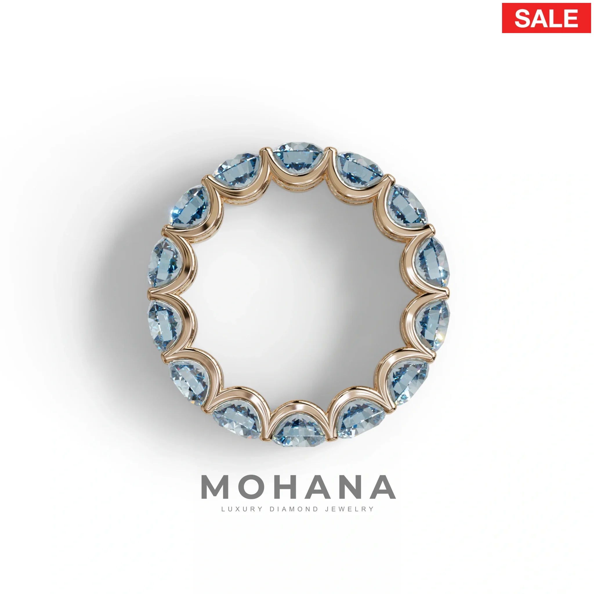 Blue Round Brilliant Diamond Full Eternity Band in 18k Yellow Gold – Scalloped U-Prong Setting