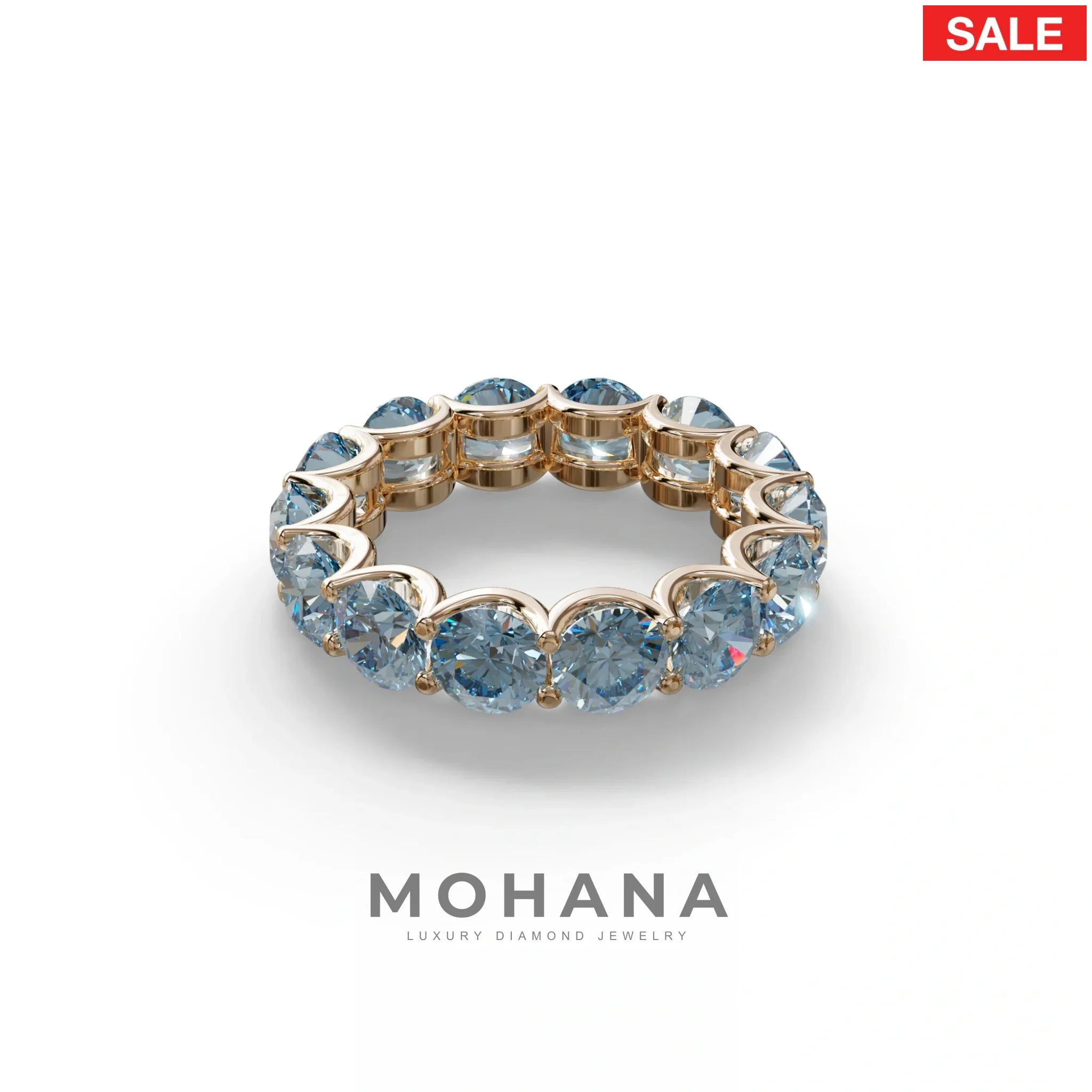 Blue Round Brilliant Diamond Full Eternity Band in 18k Yellow Gold – Scalloped U-Prong Setting