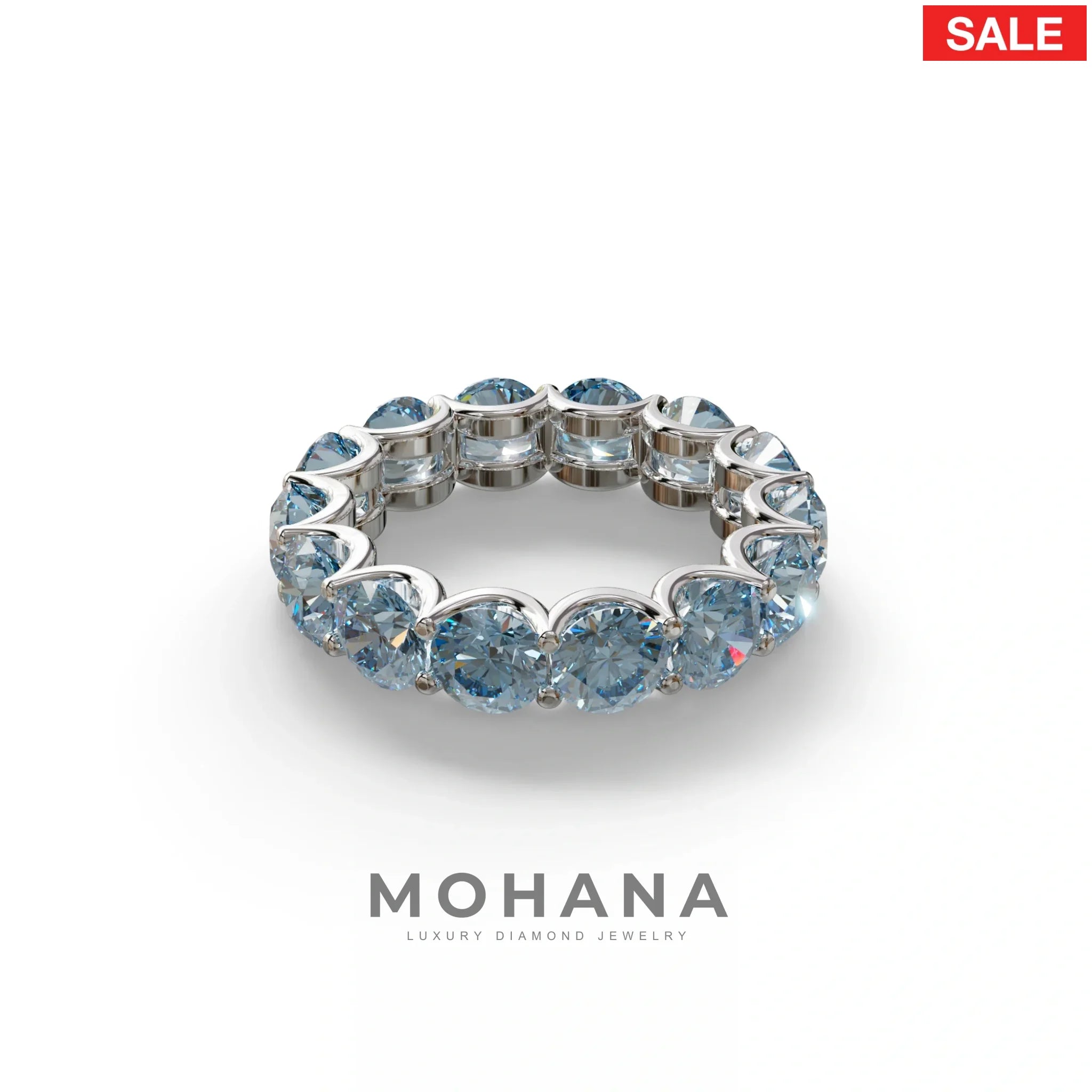 Blue Round Brilliant Diamond Full Eternity Band in 18k Yellow Gold – Scalloped U-Prong Setting