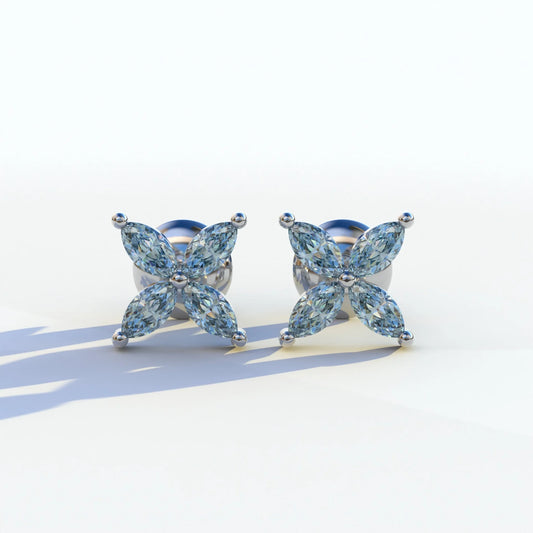 2 Carat Blue Marquise Cut Lab Grown Diamond Stud Earrings - Maria Tash - 10K Solid Gold / White Gold