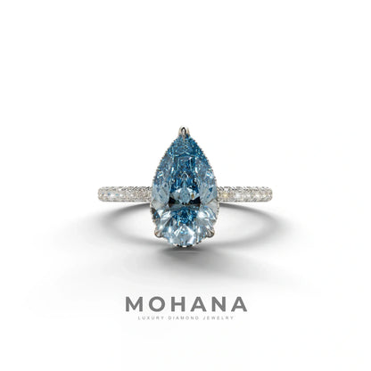 2 Carat Blue Pear Cut Hidden Halo & Pave Lab Diamond Ring - 10K Solid Gold / White Gold