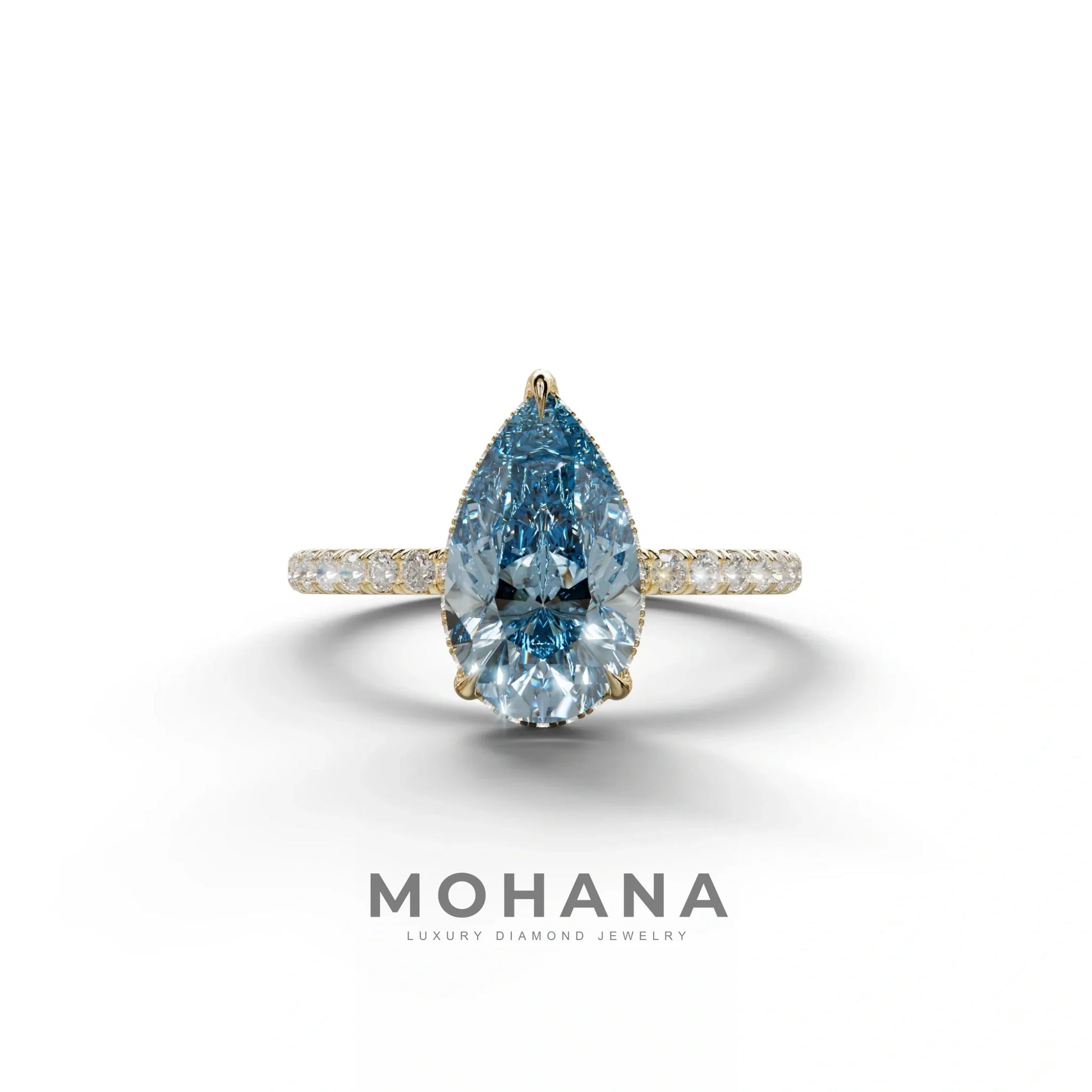 2 Carat Blue Pear Cut Hidden Halo & Pave Lab Diamond Ring - 10K Solid Gold / Yellow Gold