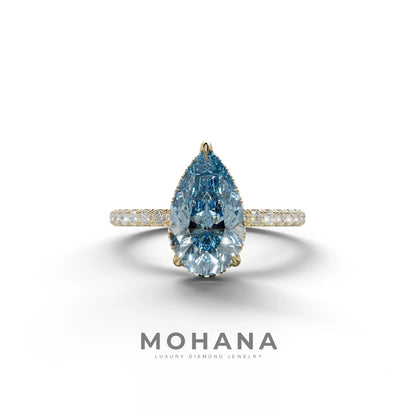2 Carat Blue Pear Cut Hidden Halo & Pave Lab Diamond Ring - 10K Solid Gold / Yellow Gold