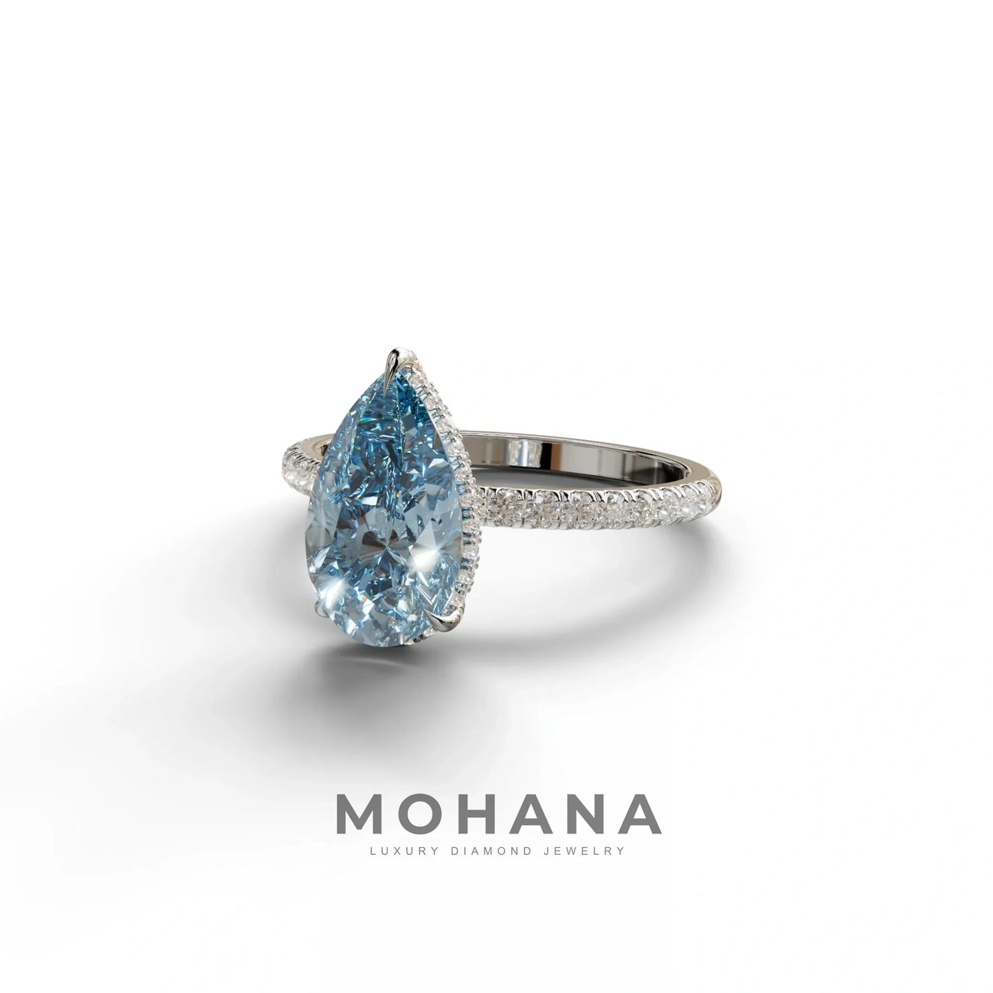 2 Carat Blue Pear Cut Hidden Halo & Pave Lab Diamond Ring