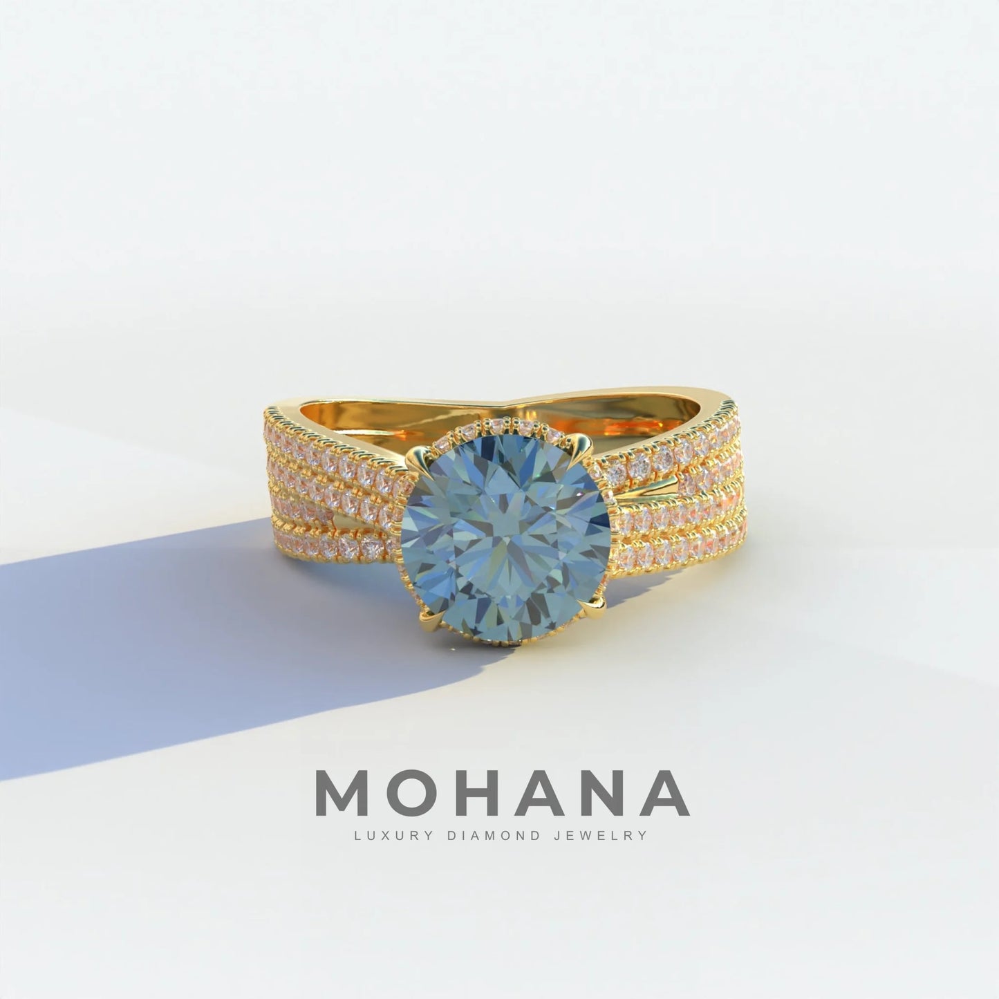 2 Carat Blue Round Cut Hidden Halo Lab & Pave Lab Diamond Ring - Je t’aime - 10K Solid Gold / Yellow Gold