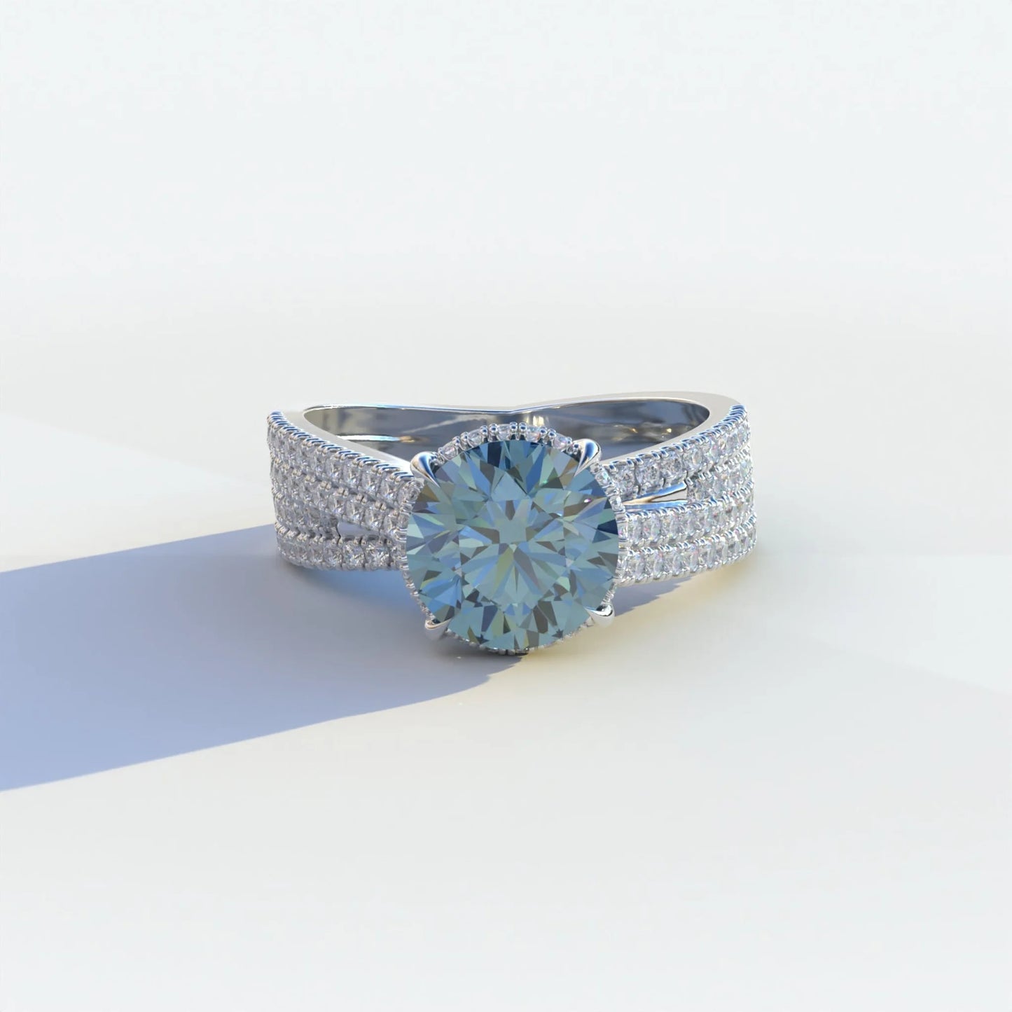 2 carat blue round cut hidden halo lab & pave lab diamond ring, Je t’aime Collection, sustainable elegant jewelry, engagement ring, high-quality diamond ring, lab-grown diamond ring