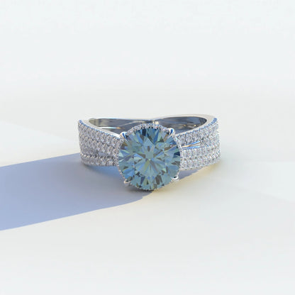 2 carat blue round cut hidden halo lab & pave lab diamond ring, Je t’aime Collection, sustainable elegant jewelry, engagement ring, high-quality diamond ring, lab-grown diamond ring