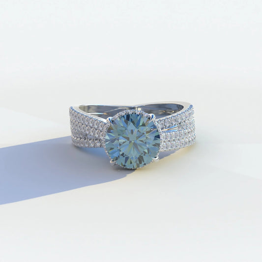 2 carat blue round cut hidden halo lab & pave lab diamond ring, Je t’aime Collection, sustainable elegant jewelry, engagement ring, high-quality diamond ring, lab-grown diamond ring