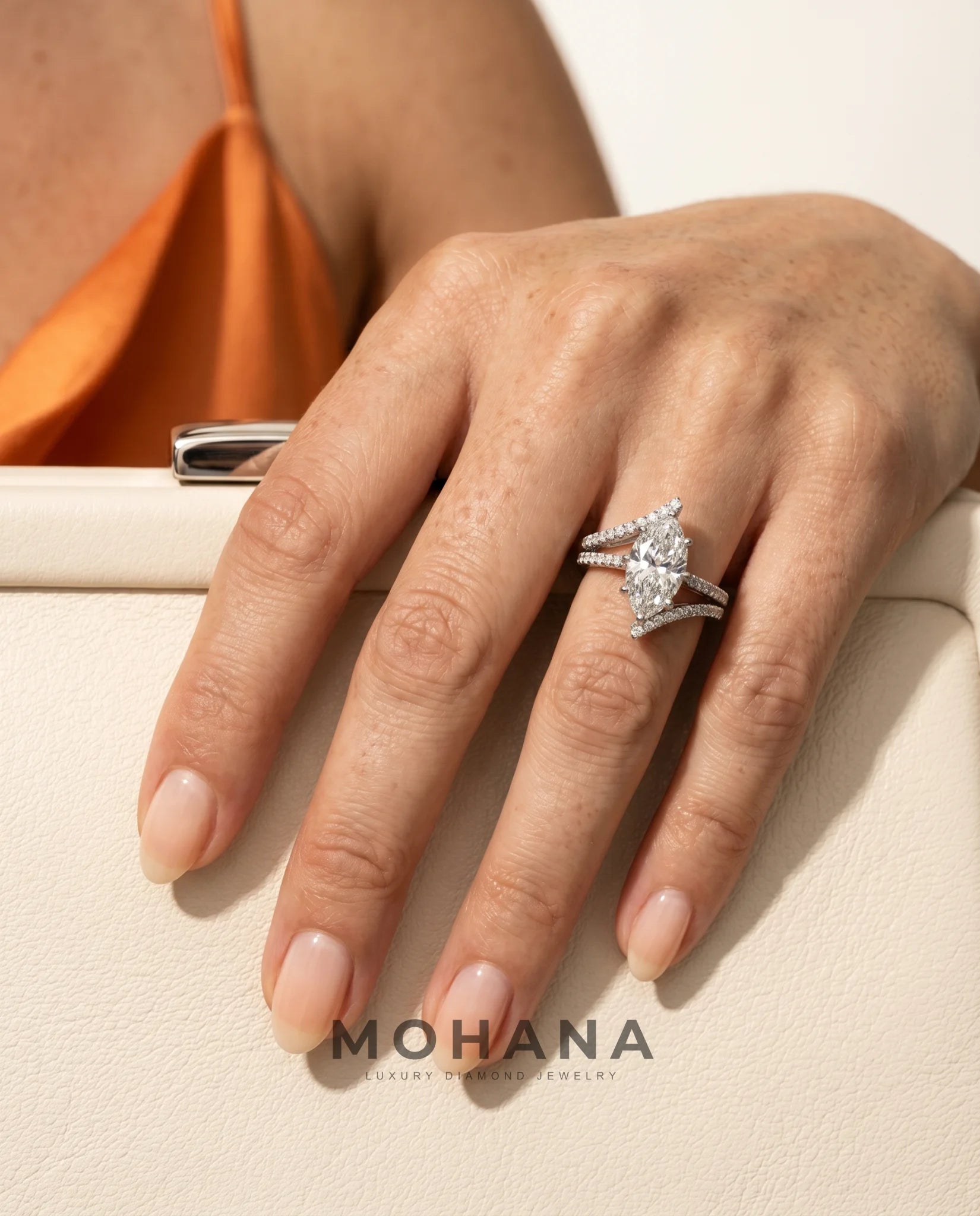Ready to Ship 2 Carat Colorless Marquise Cut Pavé Split Shank White Gold Diamond Ring — view 12