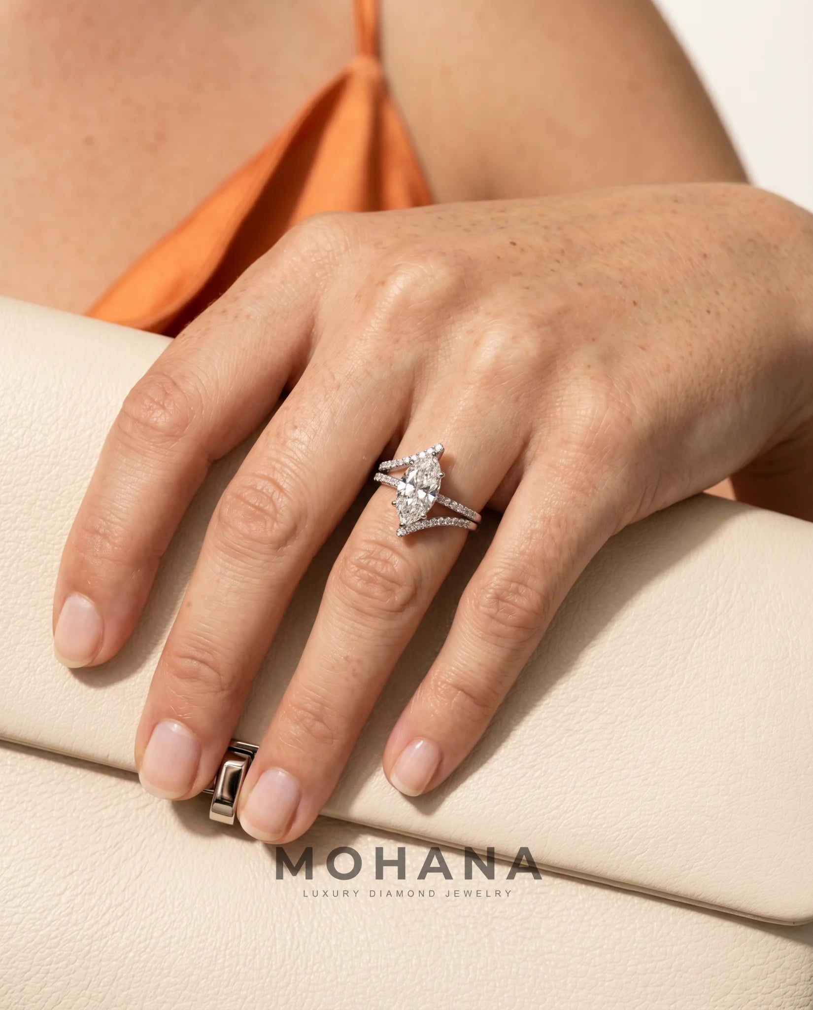 Ready to Ship 2 Carat Colorless Marquise Cut Pavé Split Shank White Gold Diamond Ring — view 13