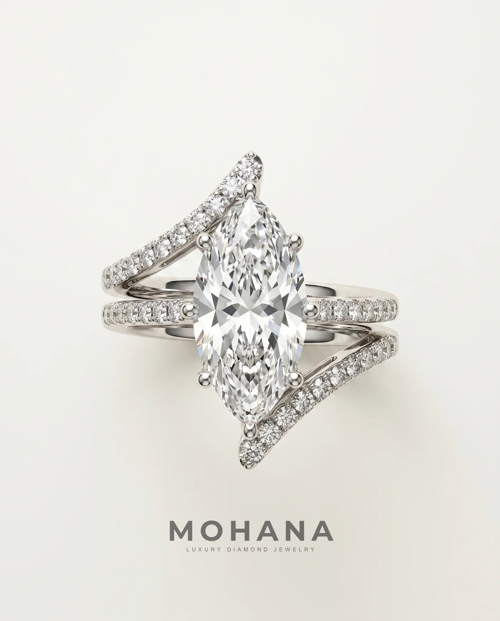 Ready to Ship 2 Carat Colorless Marquise Cut Pavé Split Shank White Gold Diamond Ring — view 2