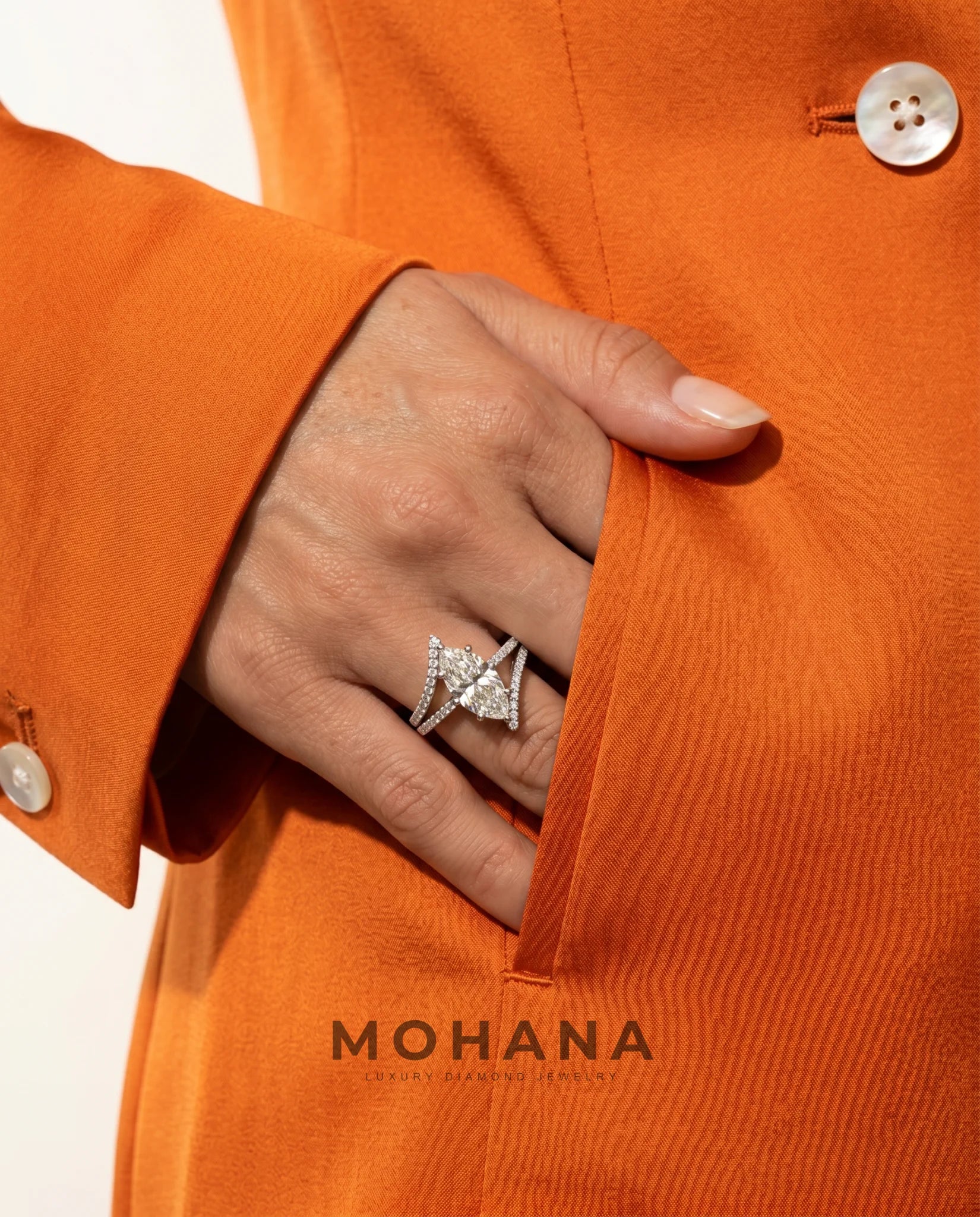 Ready to Ship 2 Carat Colorless Marquise Cut Pavé Split Shank White Gold Diamond Ring — view 10