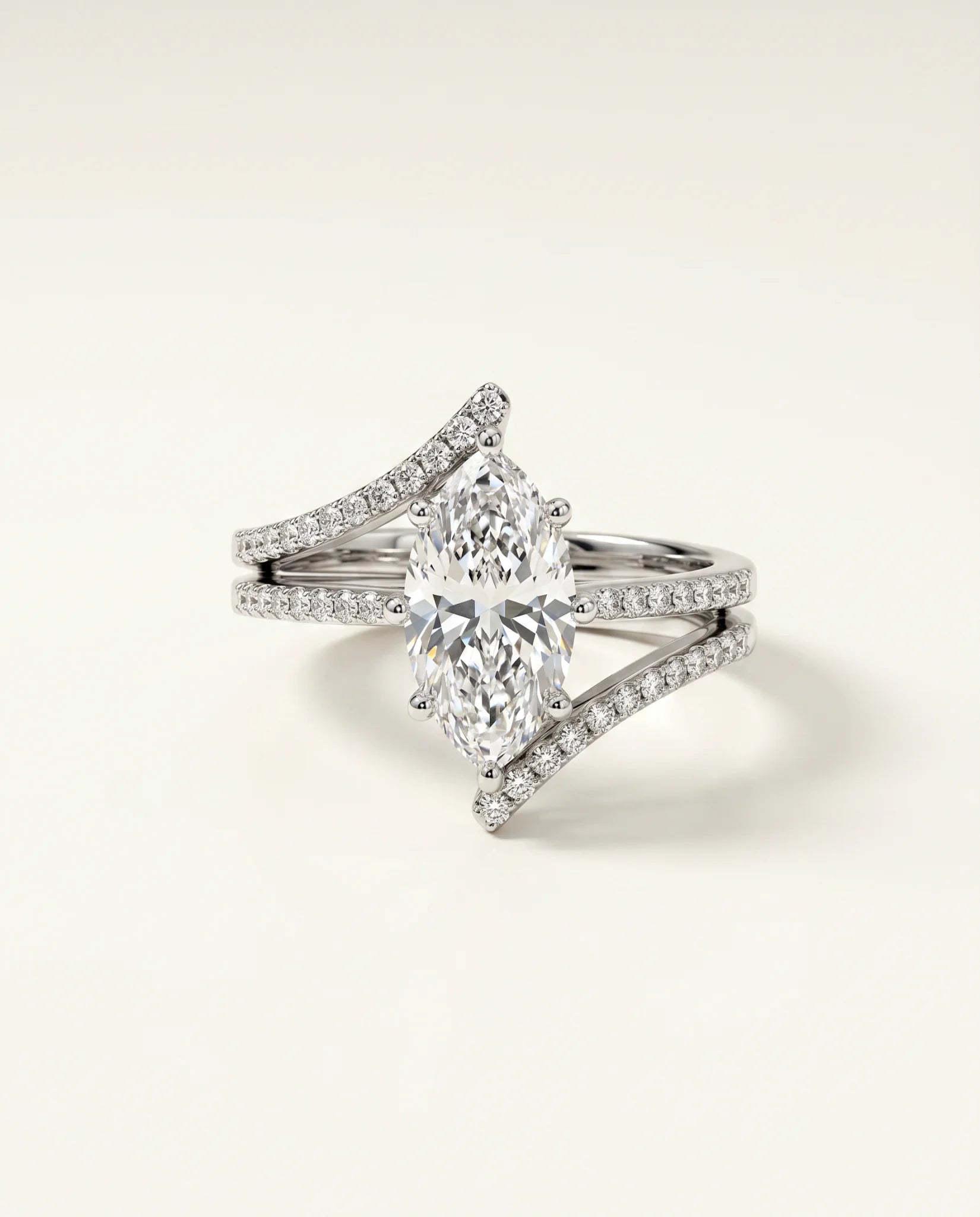 Ready to Ship 2 Carat Colorless Marquise Cut Pavé Split Shank White Gold Diamond Ring — view 1