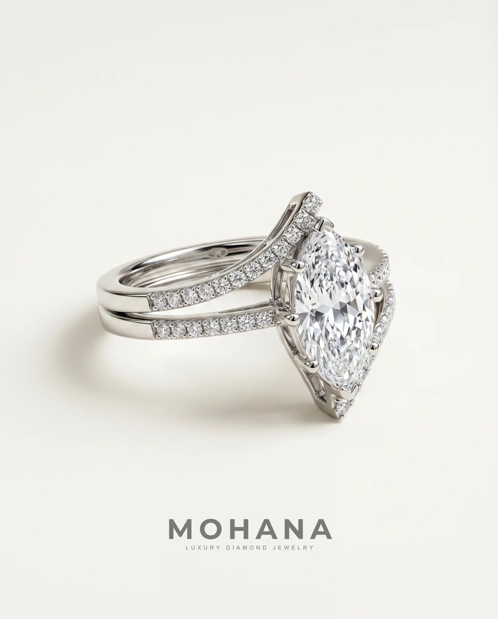 Ready to Ship 2 Carat Colorless Marquise Cut Pavé Split Shank White Gold Diamond Ring — view 3