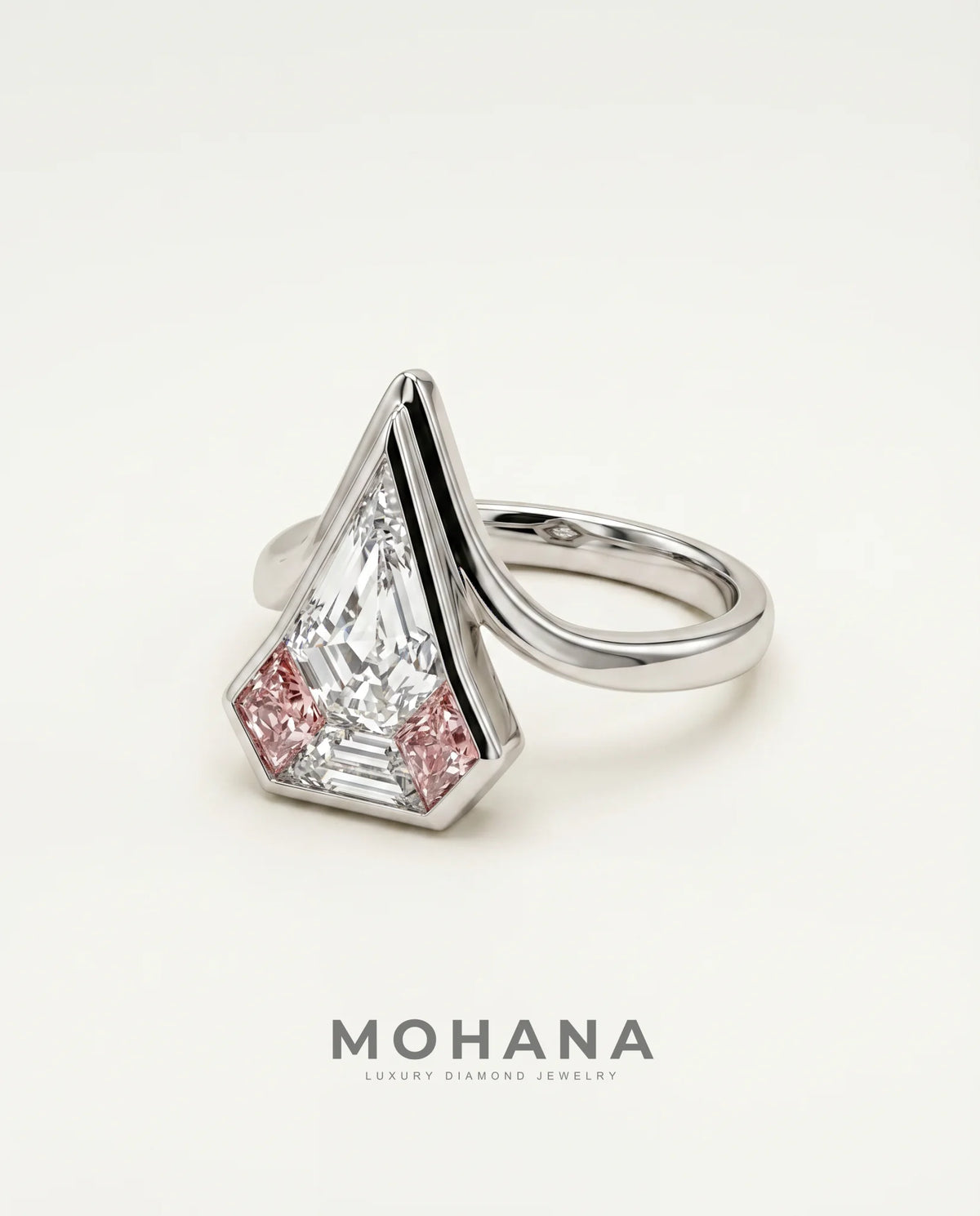2 Carat Colorless Pentagonal Step Cut Pink Accent White Gold Diamond Ring — view 4