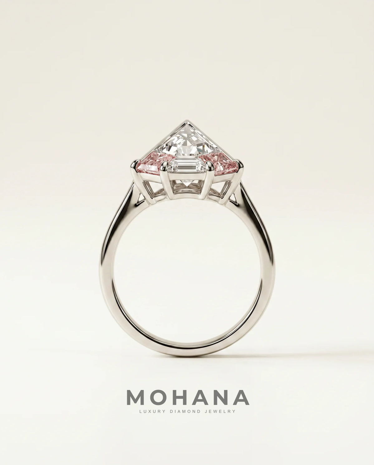 2 Carat Colorless Pentagonal Step Cut Pink Accent White Gold Diamond Ring — view 3