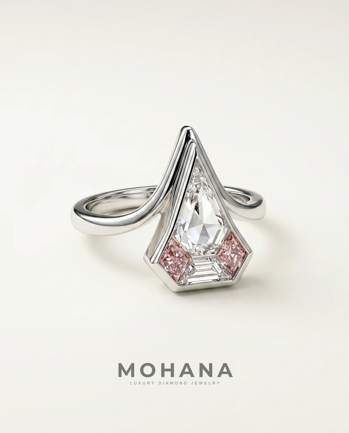 2 Carat Colorless Pentagonal Step Cut Pink Accent White Gold Diamond Ring — view 1