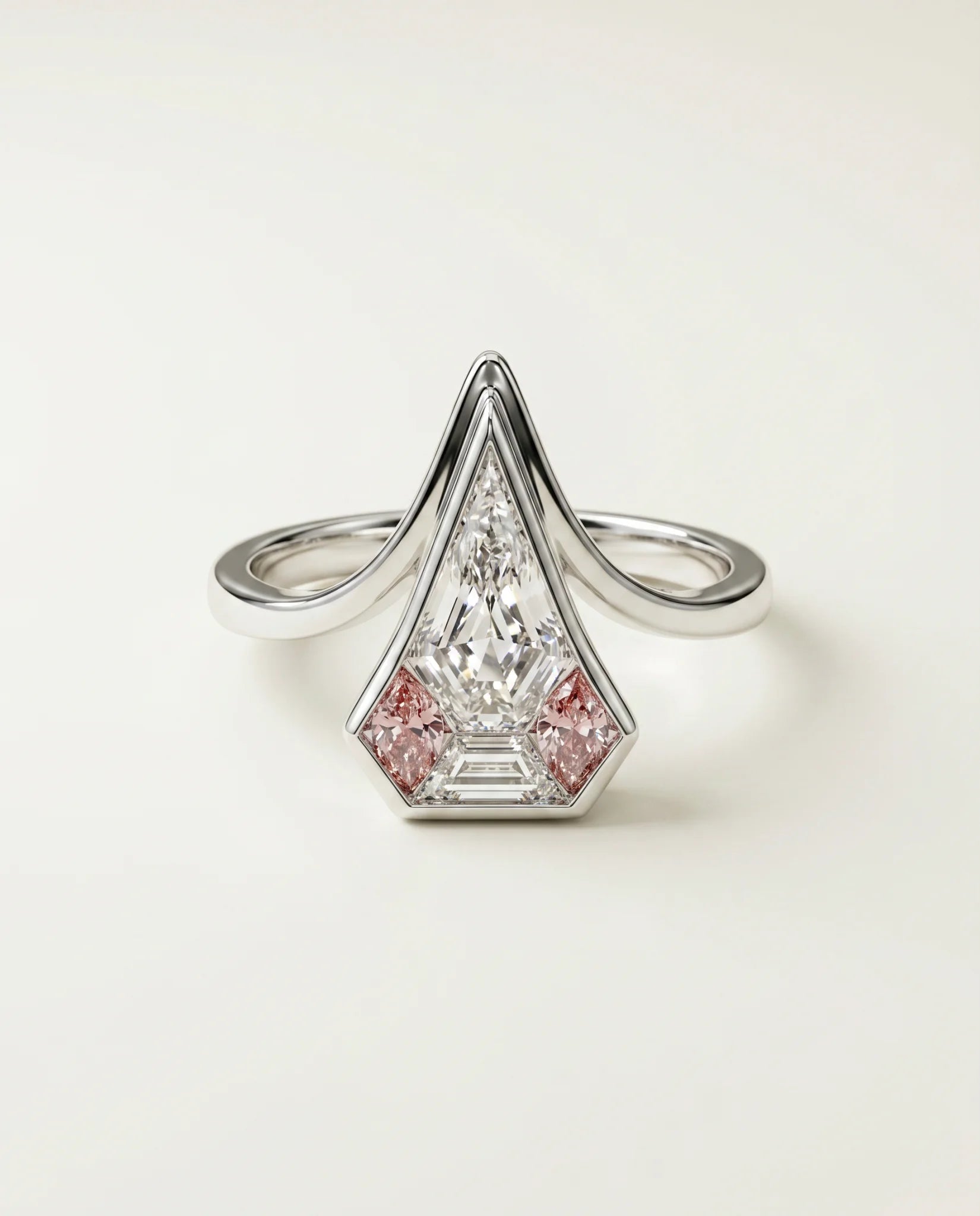 Ready to Ship 2 Carat Colorless Pentagonal Step Cut Pink Accent White Gold Diamond Ring — view 5
