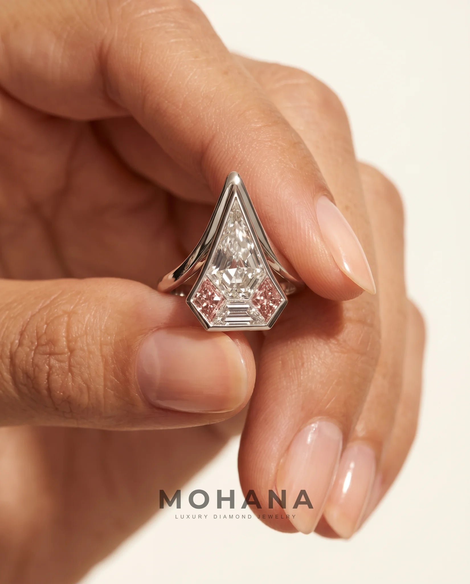 Ready to Ship 2 Carat Colorless Pentagonal Step Cut Pink Accent White Gold Diamond Ring — view 7