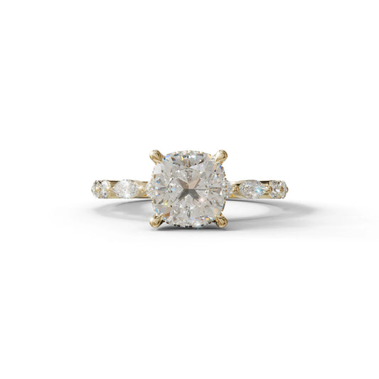 2 Carat E-VVS Cushion Cut Hidden Halo & Pave Lab Diamond Ring - Daisy - 10K Solid Gold / Yellow Gold