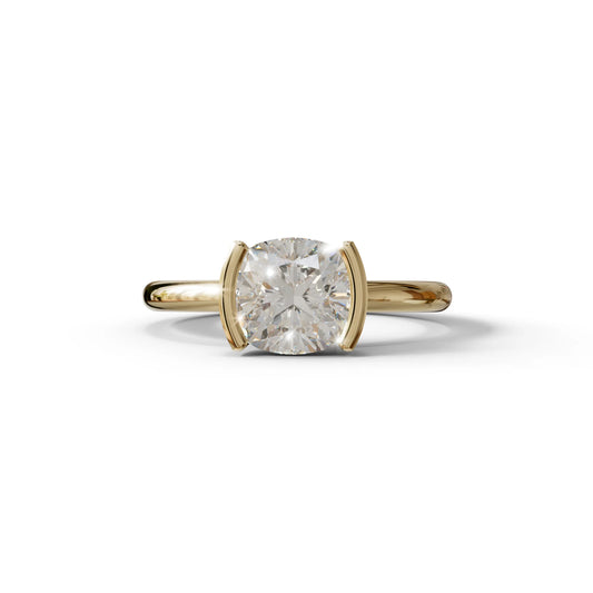 2 Carat E VVS Cushion Diamond Ring - Half Bezel Set Ring - Remi - 10K Solid Gold / Yellow Gold