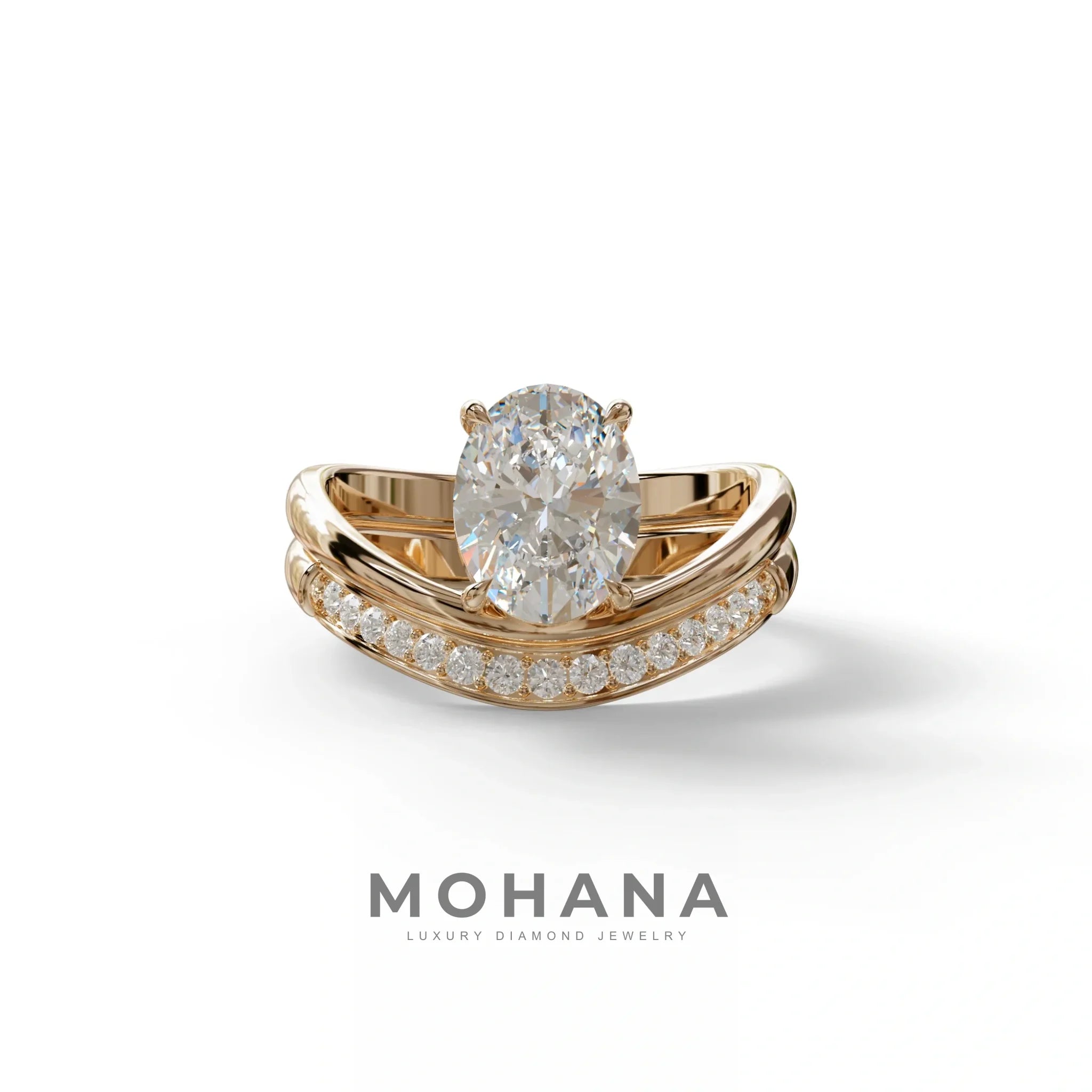 2 Carat E VVS Oval Cut Lab Grown Diamond Ring | Curve Setting - Brilliance - 10K Solid Gold / Rose Gold