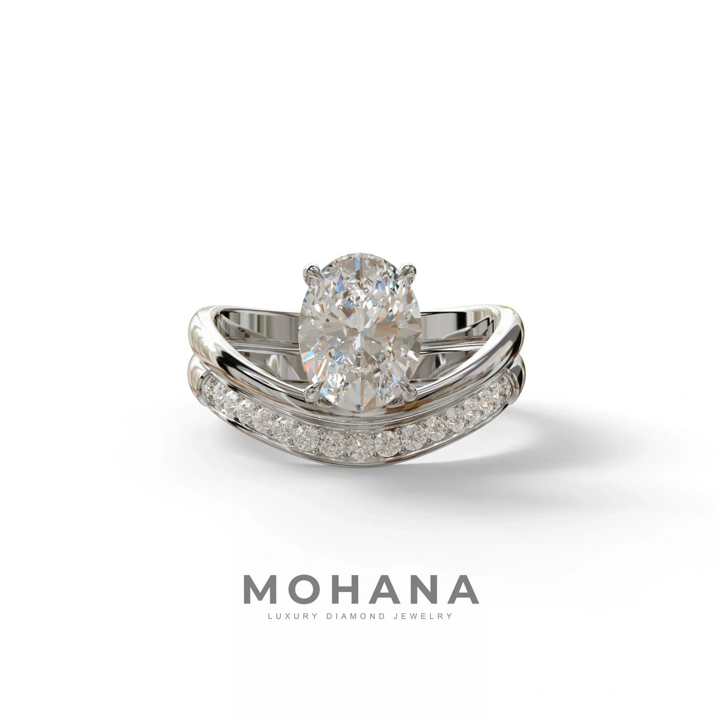 2 Carat E VVS Oval Cut Lab Grown Diamond Ring | Curve Setting - Brilliance - 10K Solid Gold / White Gold