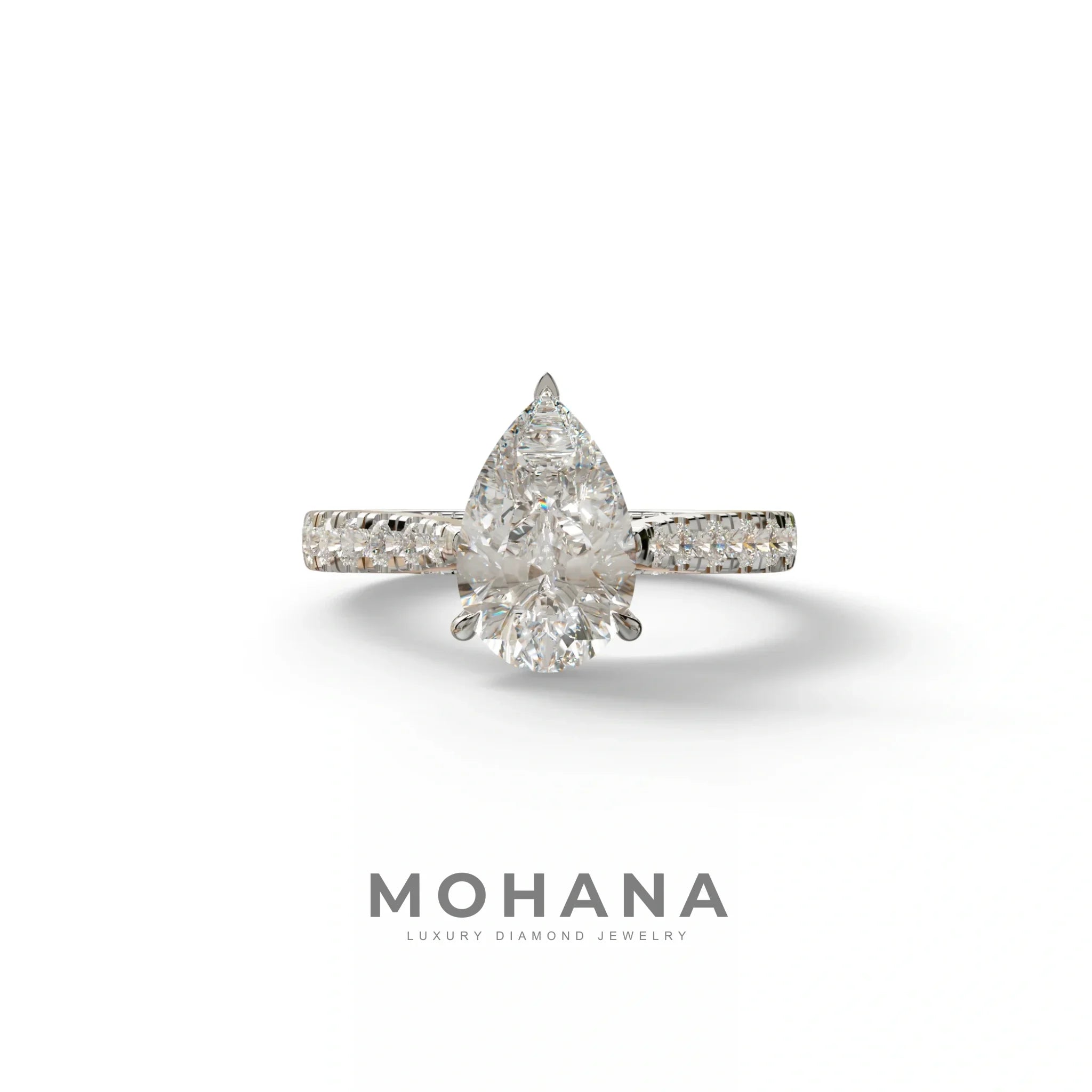 2 Carat E VVS Pear Shaped Hidden Halo Lab Diamond Engagement Ring - Teardrop - 10K Solid Gold / White Gold