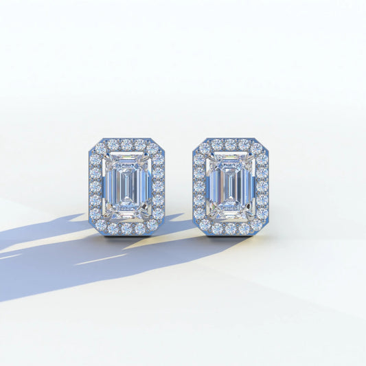 2 Carat Emerald Cut Halo Setting Lab Diamond Stud Earrings - Hailey - 10K Solid Gold / White Gold