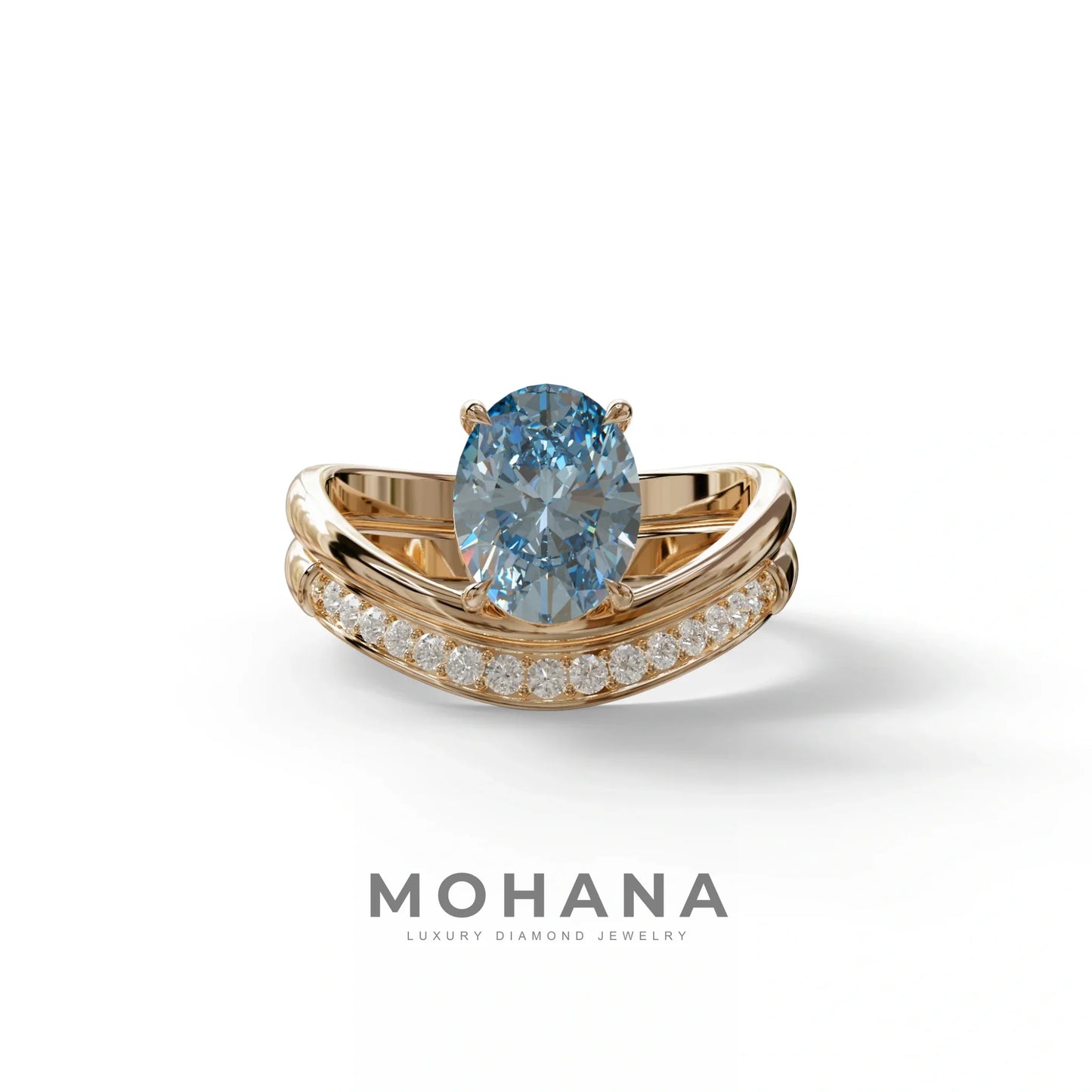 2 Carat Fancy Blue Oval Cut Lab Grown Diamond Ring | Curve Setting - Brilliance - 10K Solid Gold / Rose Gold